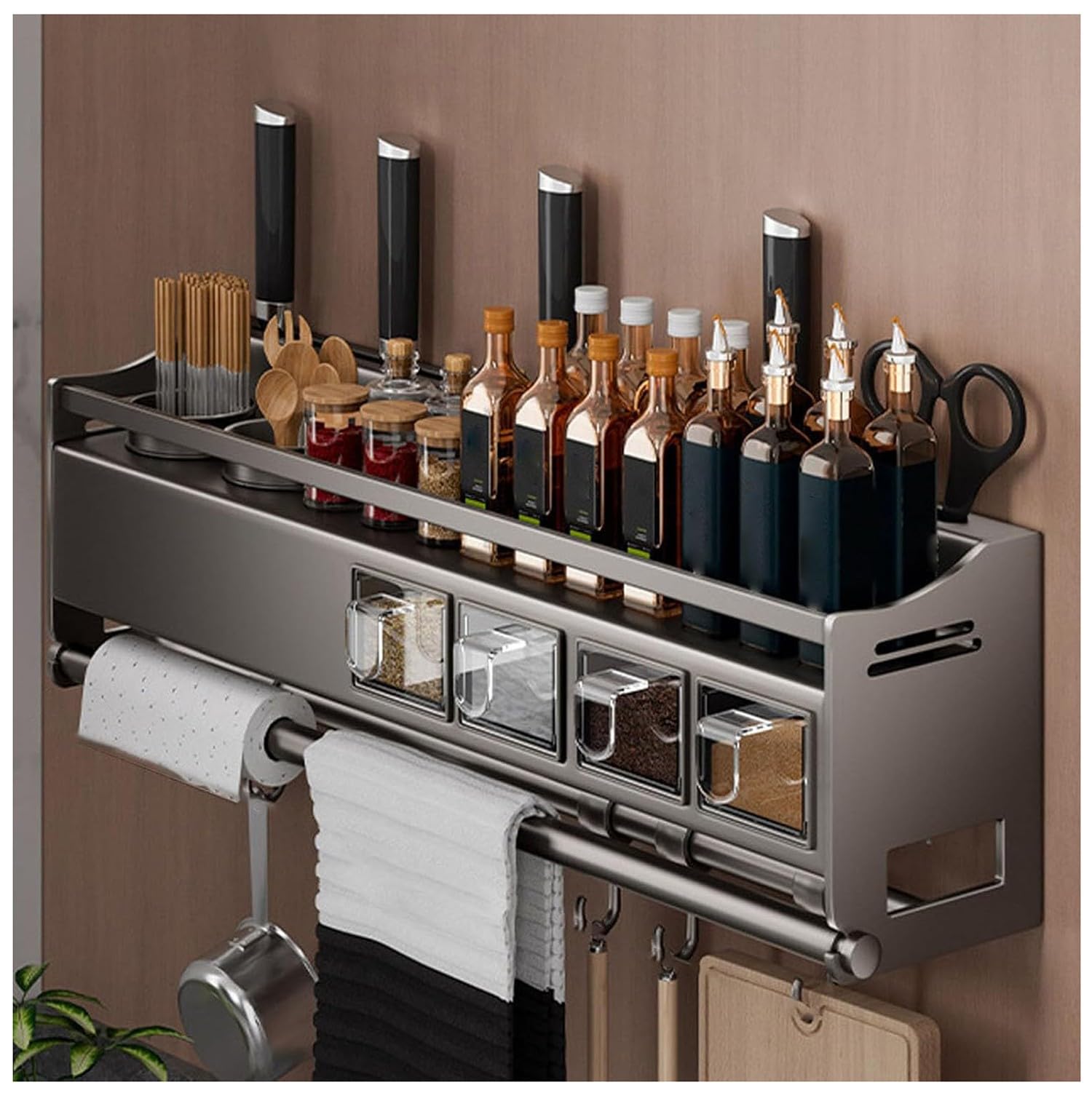 BLUEZY Gewürzregal Wand Mit Küchenrollenhalter Und Haken Und Gewürzbox, Kräuterregal Küche Gewürzregal Wand Küchenregal Ohne Bohren Aus Metall, Spice Rack, Gewürz Organizer Hängend Für Küchen 51cm