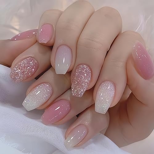 Bling Gradient Pink Press on Nails Medium Short,Glitter Ombre Fake
