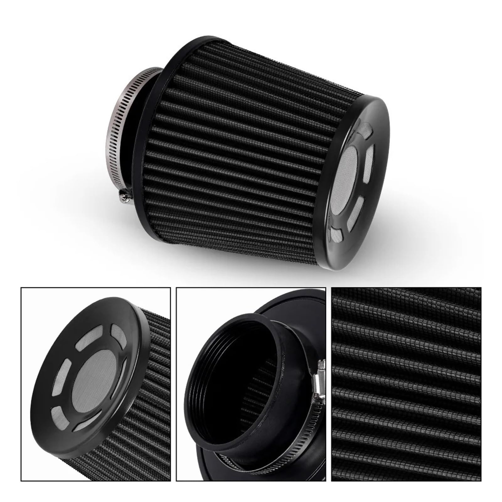 Filtro De Aire Universal Alto Flujo Modificado Para Coche Con Cabeza Seta 76 Mm Tubo Admisión Aire(Black)