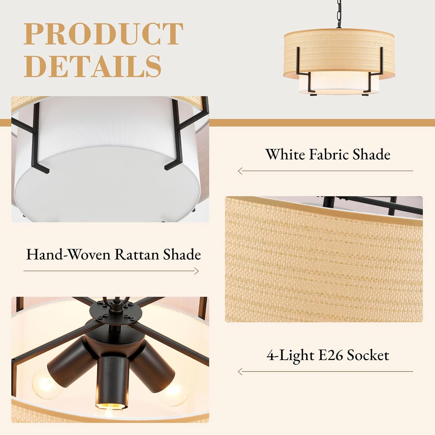 VILUXY 19.8’’ Farmhouse Boho Chandelier, 4-Light Hand Woven Rattan Pendant Light with Fabric Shade Rustic Drum Chandelier for Dining Room Kitchen Bedroom Foyer Entryway Living Room, UL Listed