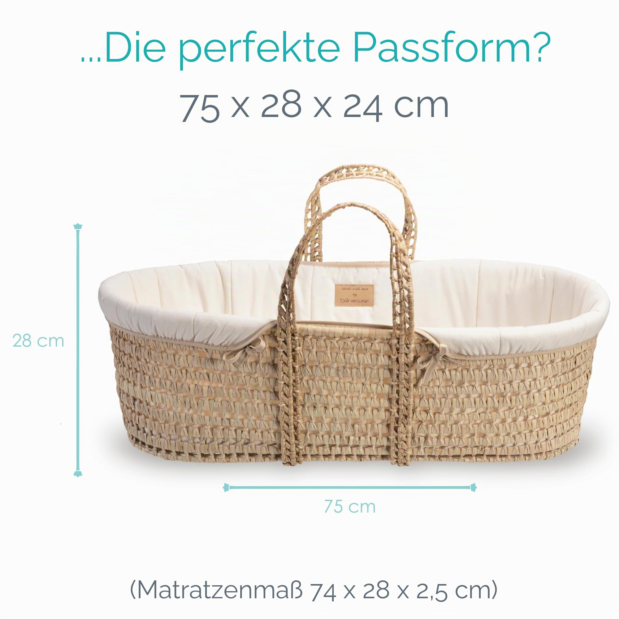 Clair de Lune Bio-Palmen-Moseskorb, Gold-Preisträger, kommt mit Bio-Kompresse, natürlicher Bambus-Matratze und weichem Baby-Betttuch, 75 x 28 cm (Naturcreme)