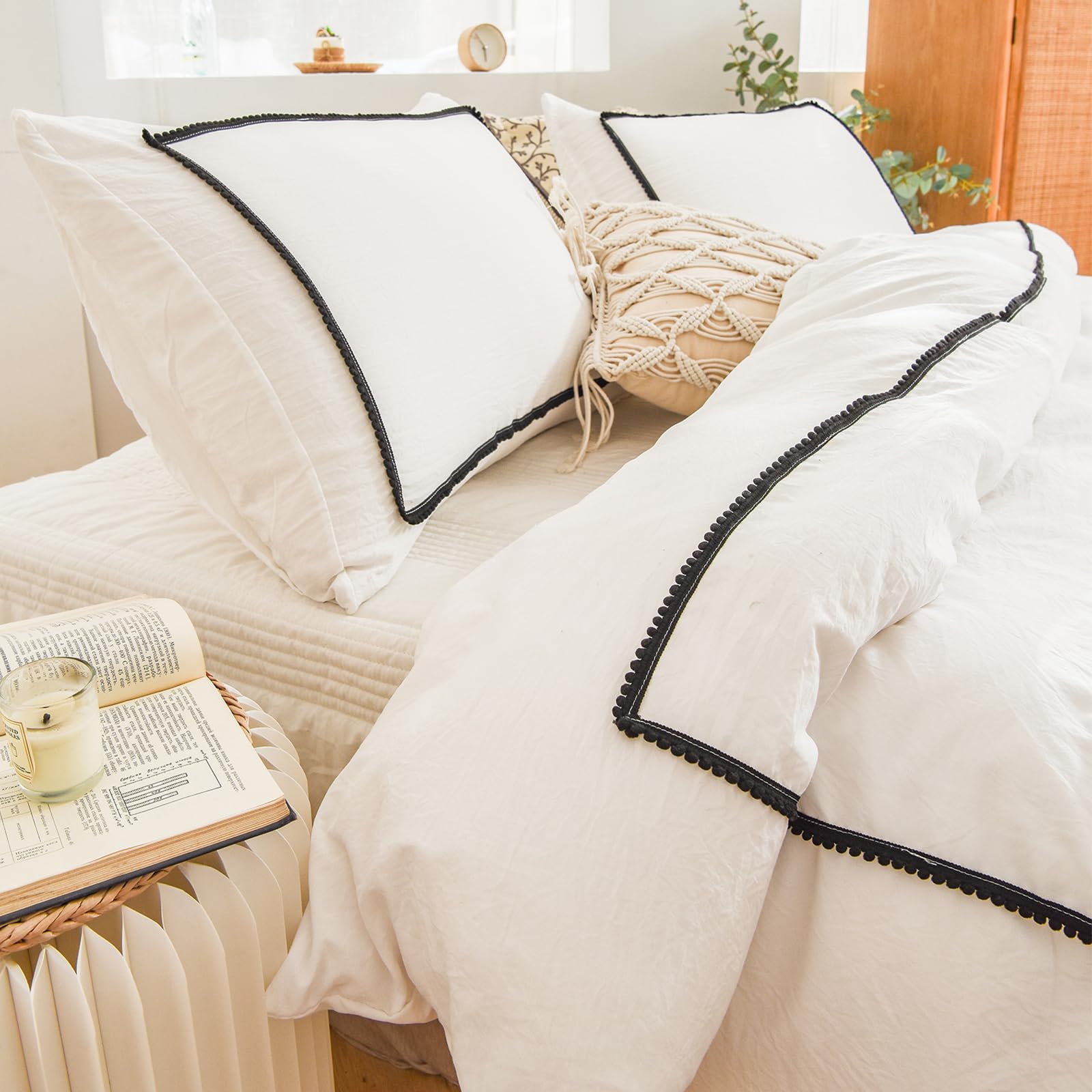 Herside Boho White Duvet Cover Set Single Black Ball Pom Design Ultra Soft Microfibre Easy Care Bedding Set 2pieces Vintage Country Quilt Cover for Boys Girls with Zipper Closure