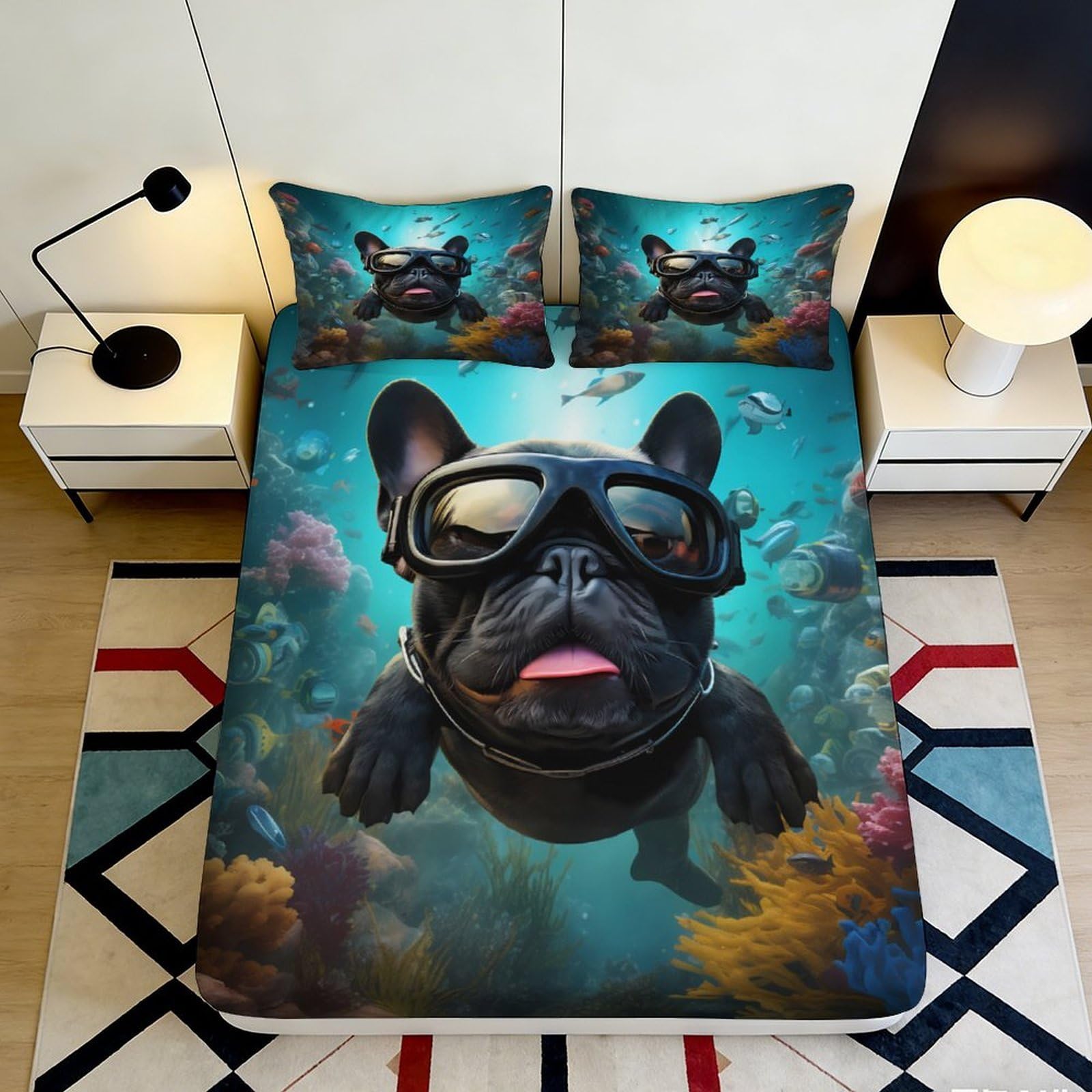 3D Printed Underwater French Bulldog Fitted Sheet Microfiber Soft Breathable Goggles Bed Cover for Bedroom Dorm Decor 90x200x25cm