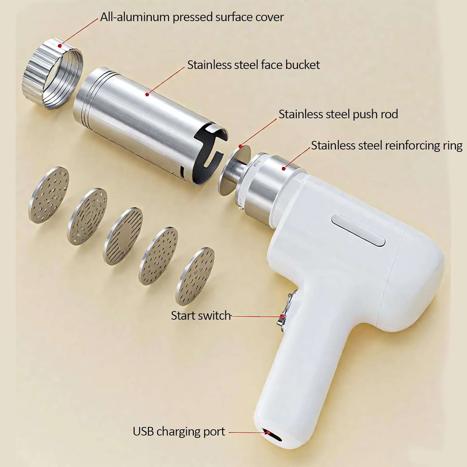 Handheld Electric Pasta Maker, 5-in-1 Wireless Noodle Maker with Noodle Molds and Dough Cutter, Portable Automatic Pasta Machine for Homemade Spaghetti