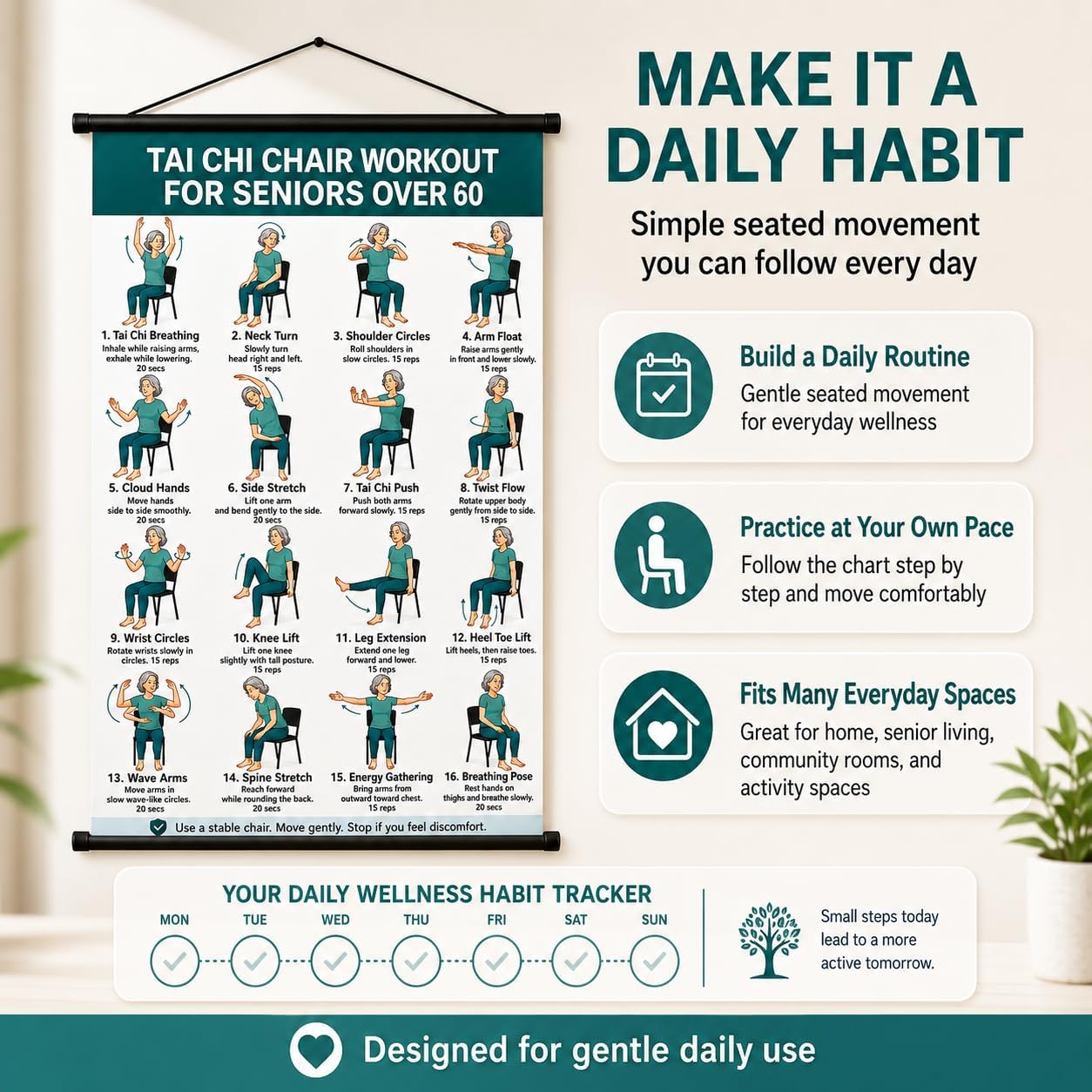 Mervakon Tai Chi Chair Workout Chart for Seniors, 16 x 24 in | Seated Tai Chi exercise poster with poses for beginners, featuring low impact chair movements for balance and flexibility.