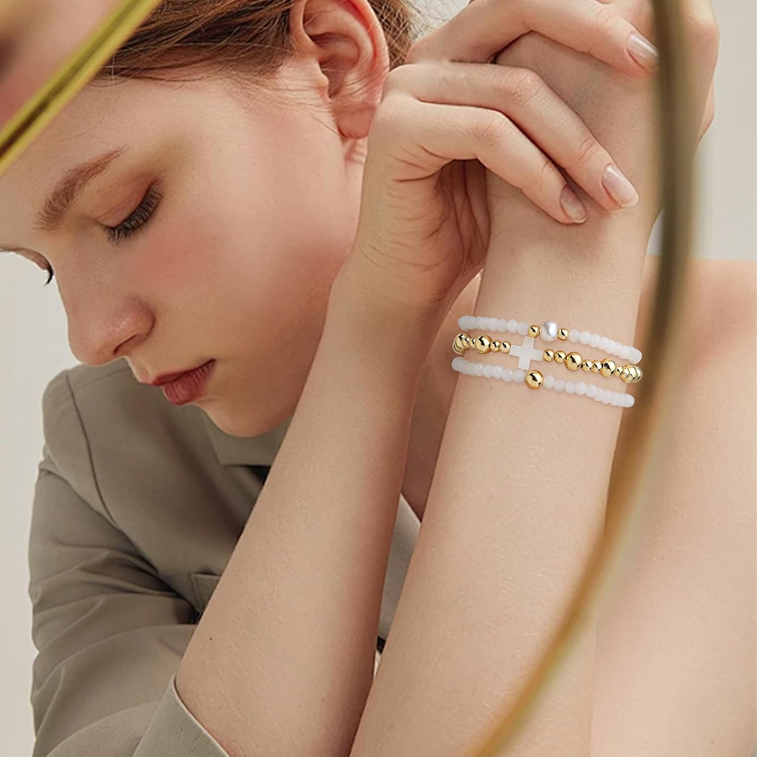 Gemstone Gold Beads Cross Stack Bracelets Set for Women, 3Pcs Boho Handmade Pearl Natural Stone Stretch Bracelet Holiday Prom Jewelry Gift. - Image 4