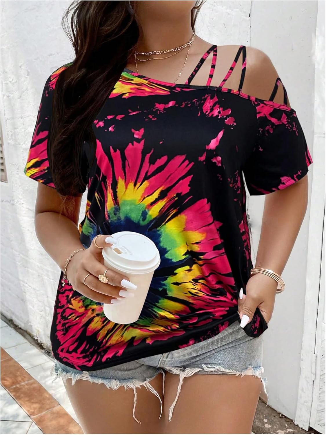 WDIRARA Women's Plus Size Tie Dye Off Shoulder Tops Short Sleeve T Shirt - Image 5
