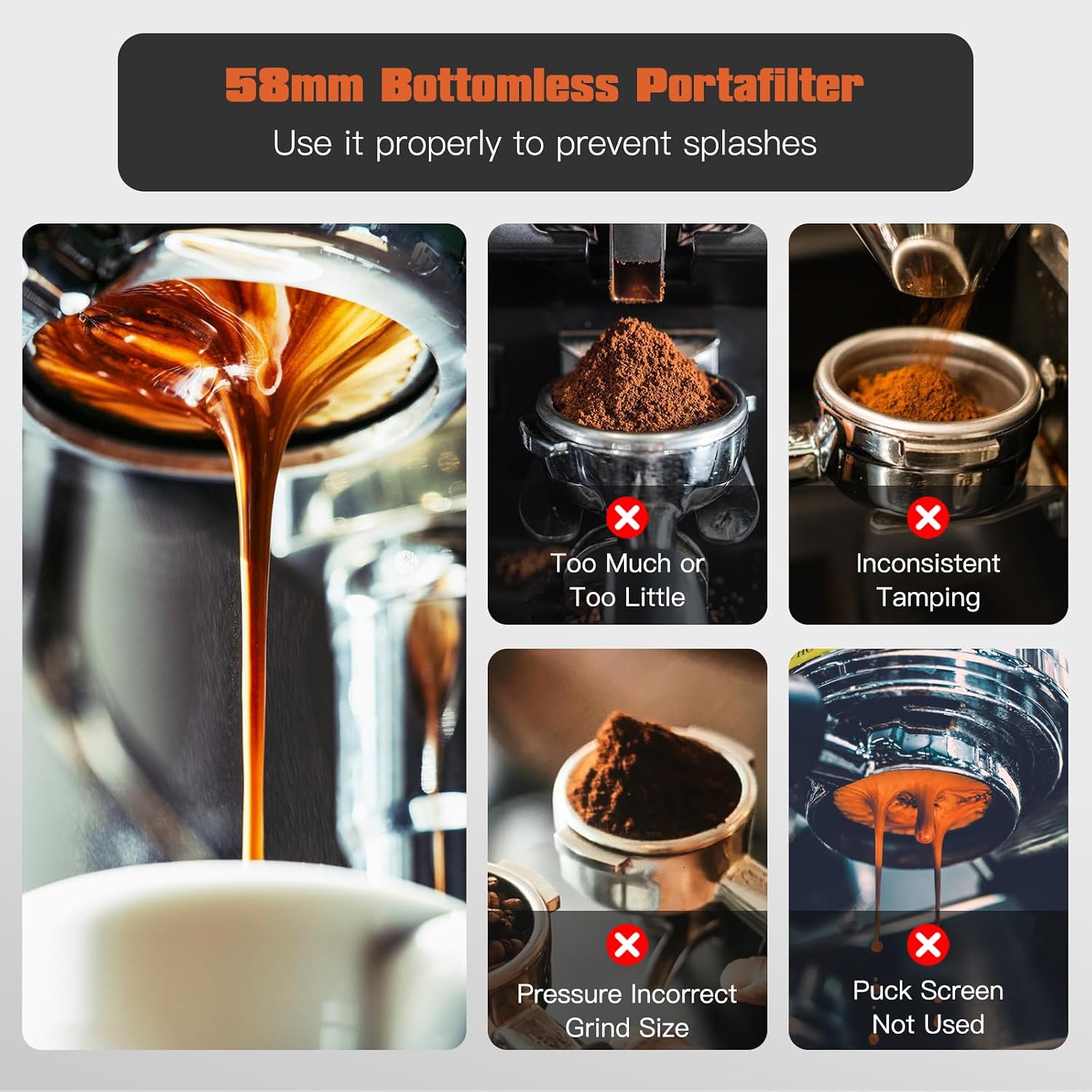 Bottomless Portafilter 58mm 3 Ears,Professional Espresso Portafilter for CASABREWS 5700 Series Neutron Pro Ultra 4700Gense, 304 Stainless Steel with Filter Basket and Puck Screen,Thickness 4.9mm