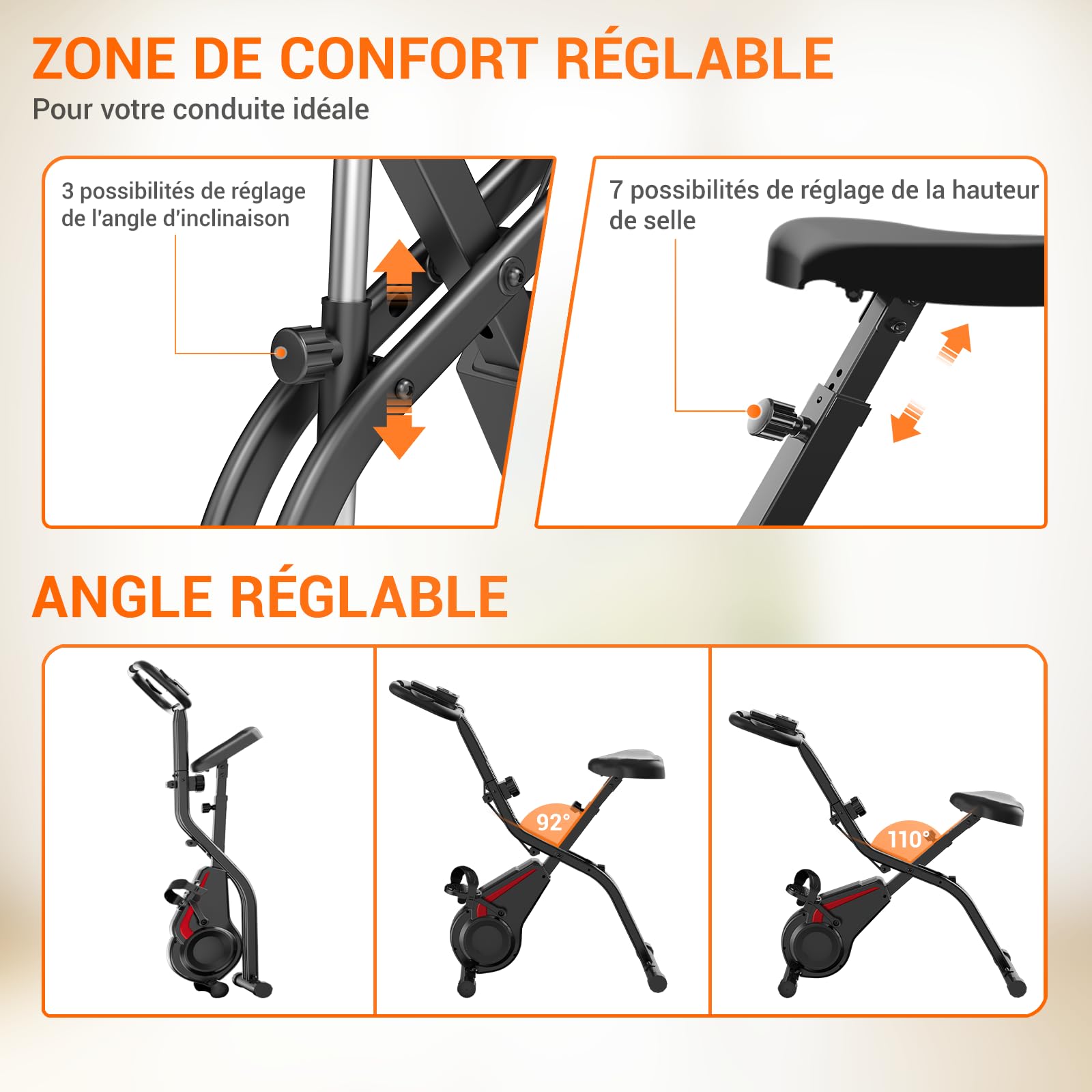 CURSOR velo d appartement pliable, 5-en-1 velo appartement pliable, équipé d'une résistance silencieuse à 16 niveaux. vélos d'appartement avec surveillance de la fréquence cardiaque et écran LED
