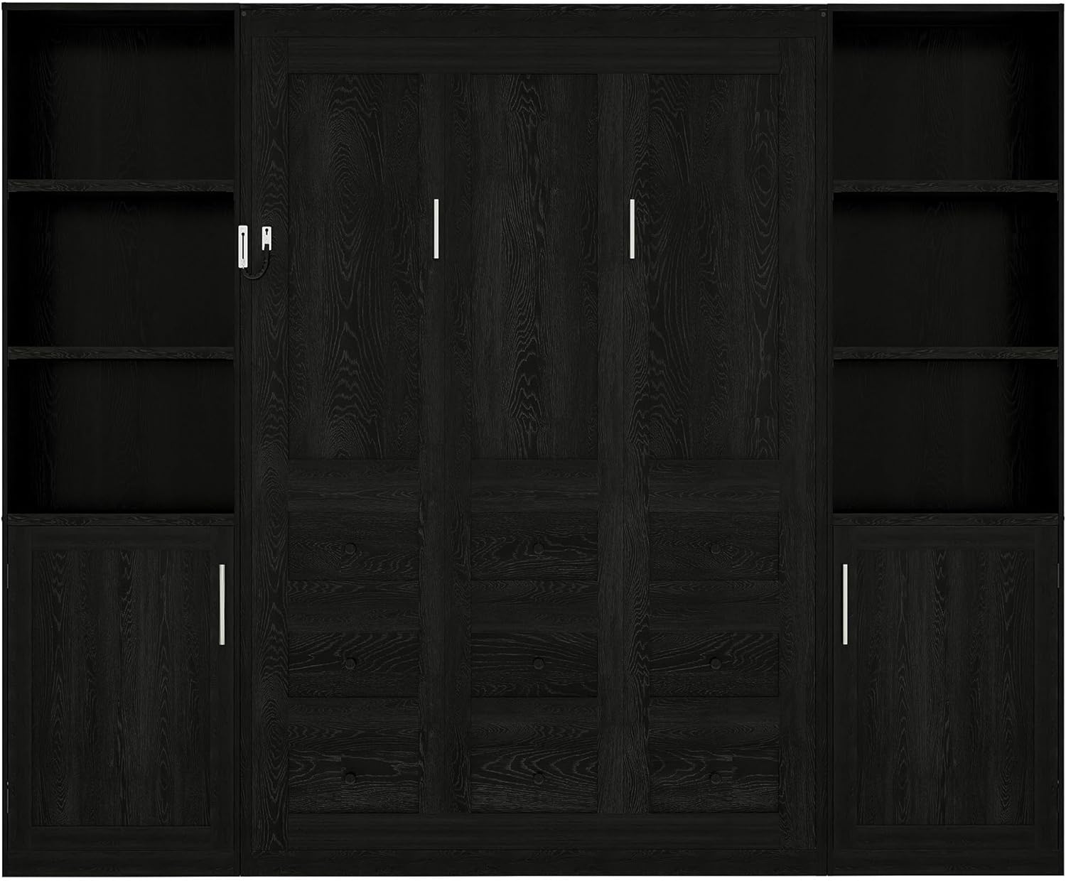 Merax Queen Size Murphy Bed with Storage Shelves and Cabinets, Black
