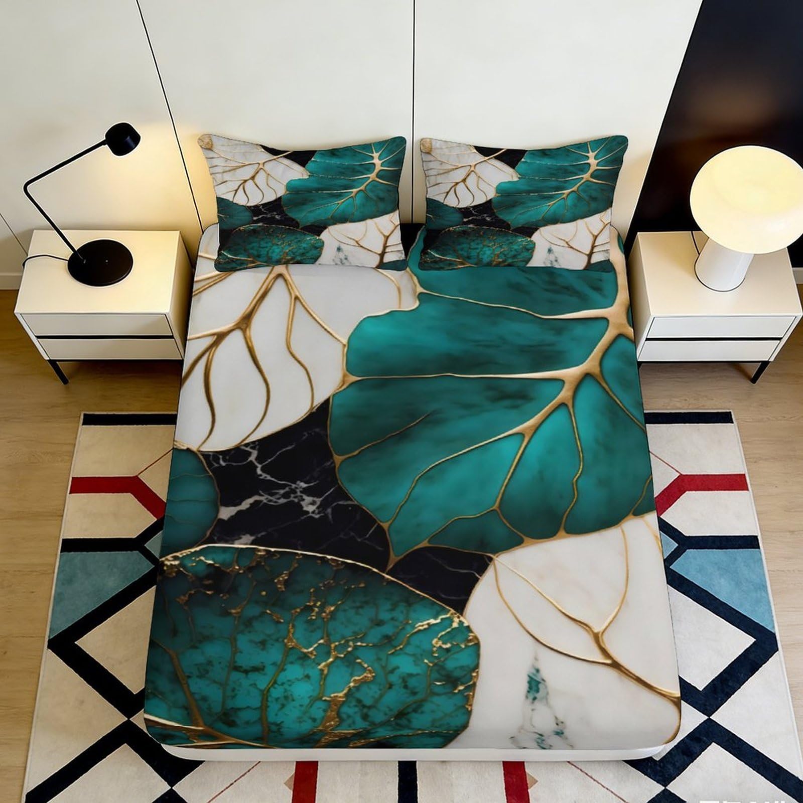 Pnayamiorkfel Style-9 3D Printed Emerald Leaf Fitted Sheet Microfiber Soft Breathable Marble Vein Mattress Cover For Bedroom Decor 90X200x25cm