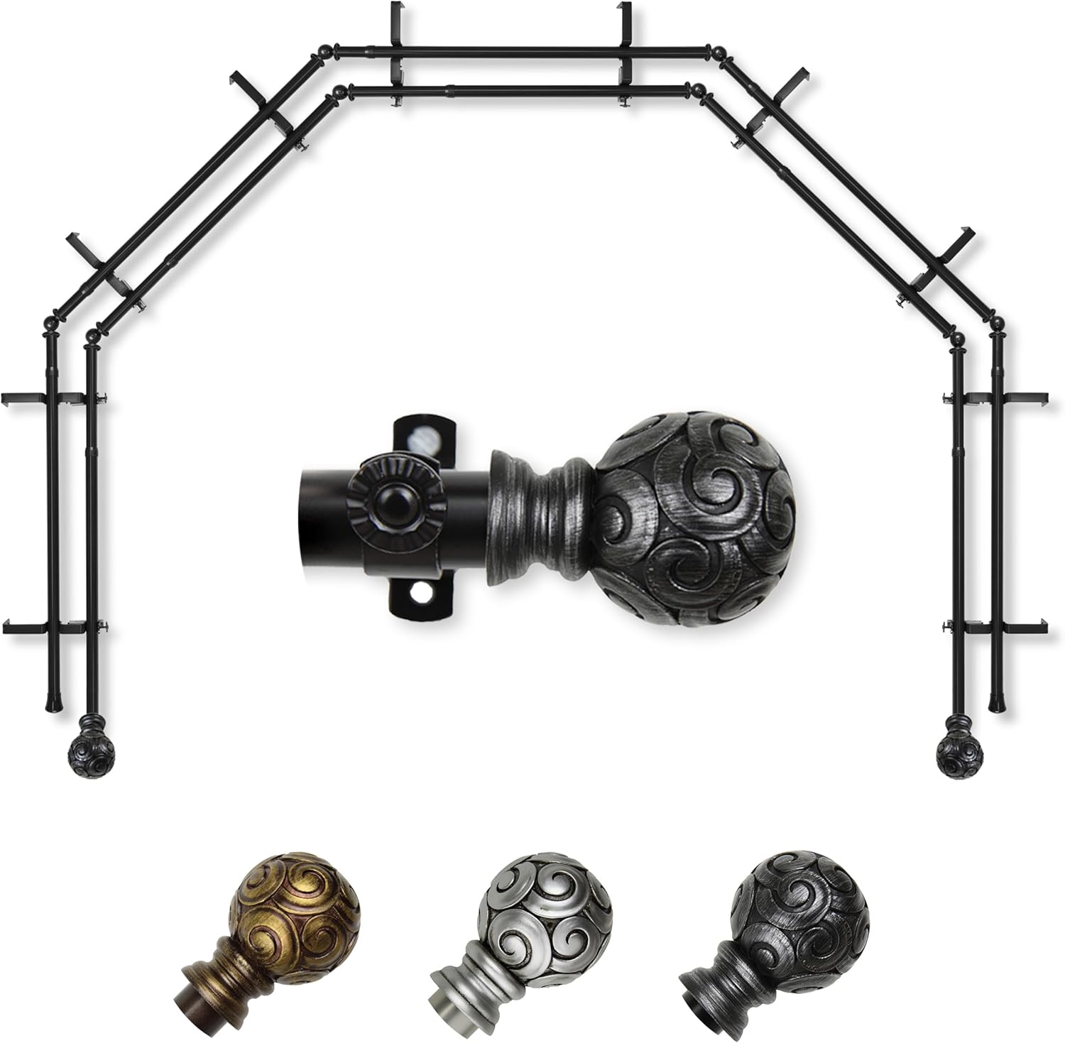 A&F Rod Décor - Truffle 13/16" 5-Sided Double Bay Window Curtain Rod - Black