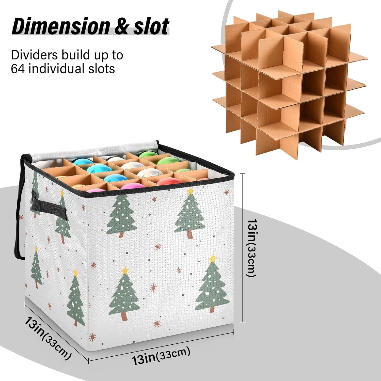 High Capacity Christmas Ornament Storage Box Holds Up to 64, Adjustable Dividers telescoping Holiday Storage Case with Lid,Christmas Green Trees