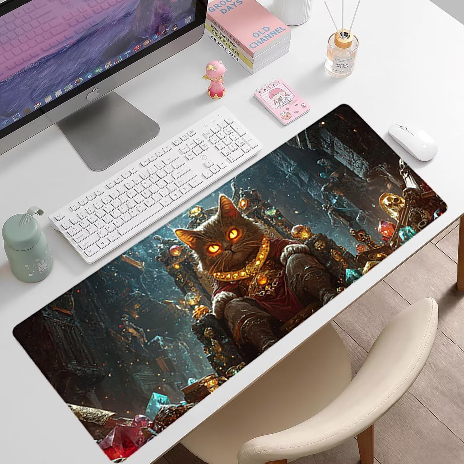 Podkładka pod mysz do gier XXL - 1400 x 600 x 3 mm - kot duża antypoślizgowa podkładka pod klawiaturę biurową z przeszytymi krawędziami, krajobrazowa duża podkładka pod mysz do gier do biura i domu