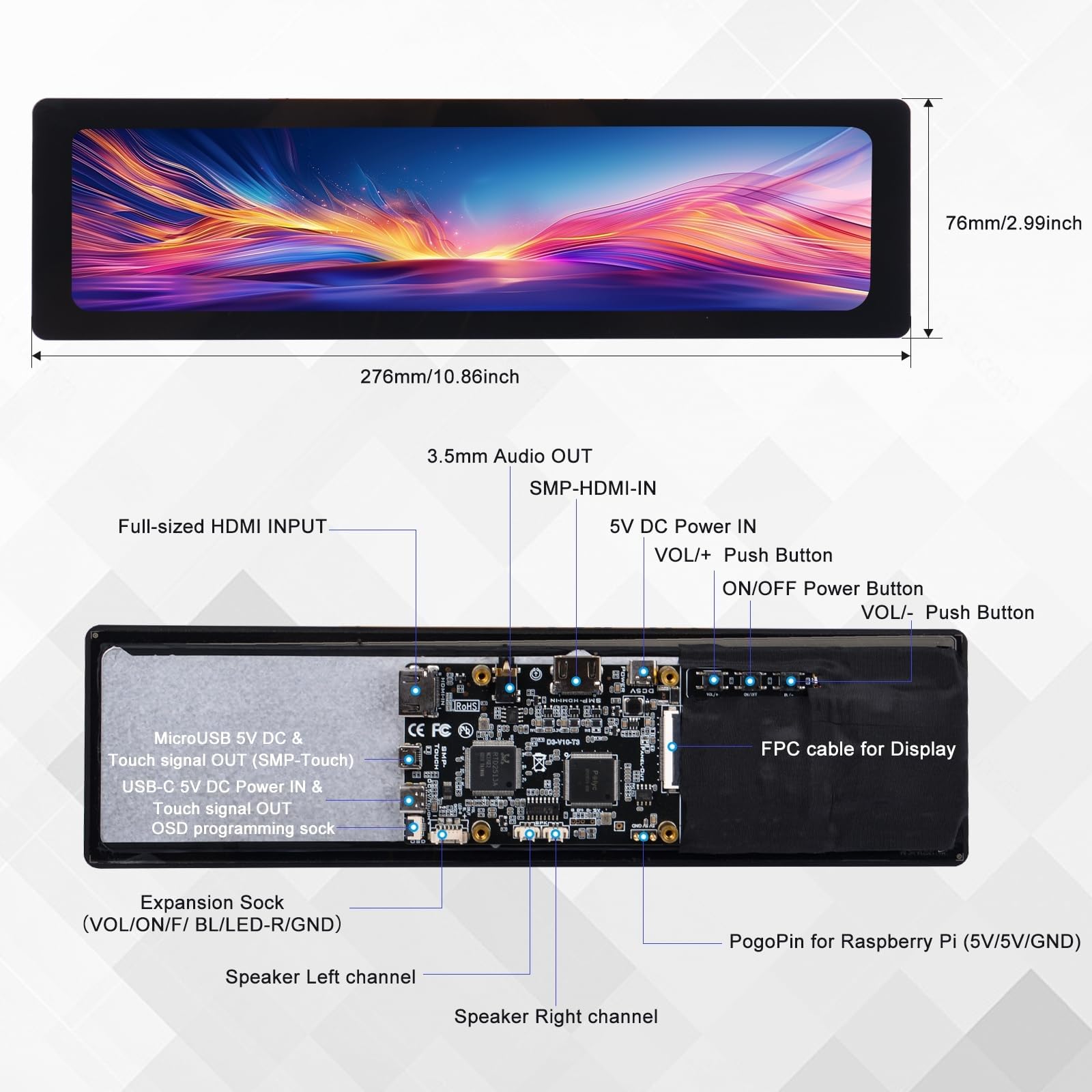 GeeekPi 11,26 Zoll kapazitiver Touchscreen für Raspberry Pi 5, HDMI IPS LCD Monitor 1920X440 für Raspberry Pi 4B/3B+/3B, mit Montagelöchern zum Installieren des Pi Board