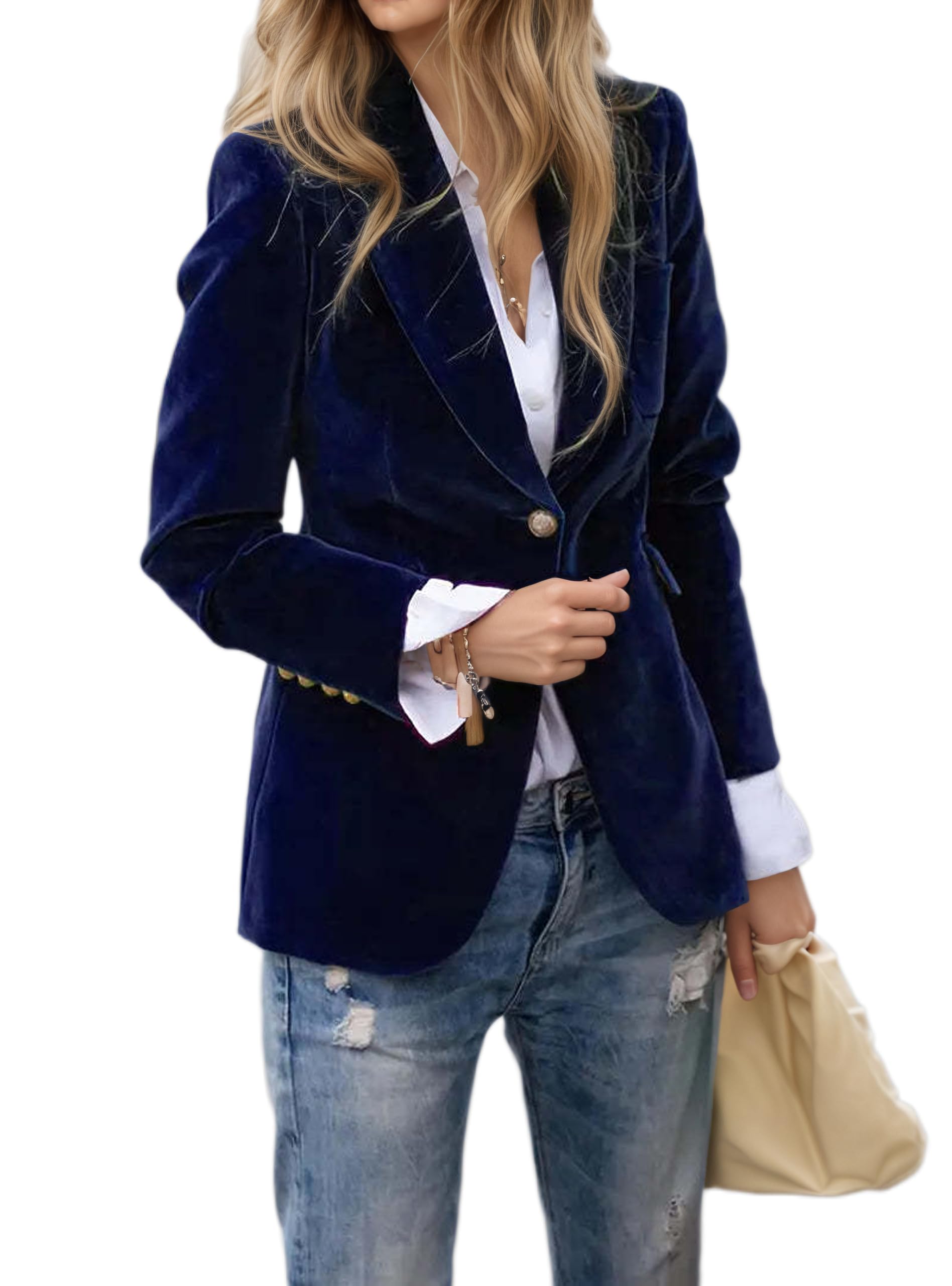 Womens Velvet Blazer Fall Notched Lapel Long Sleeve Slim Fit Work Office One Button Velvet Suit Jacket