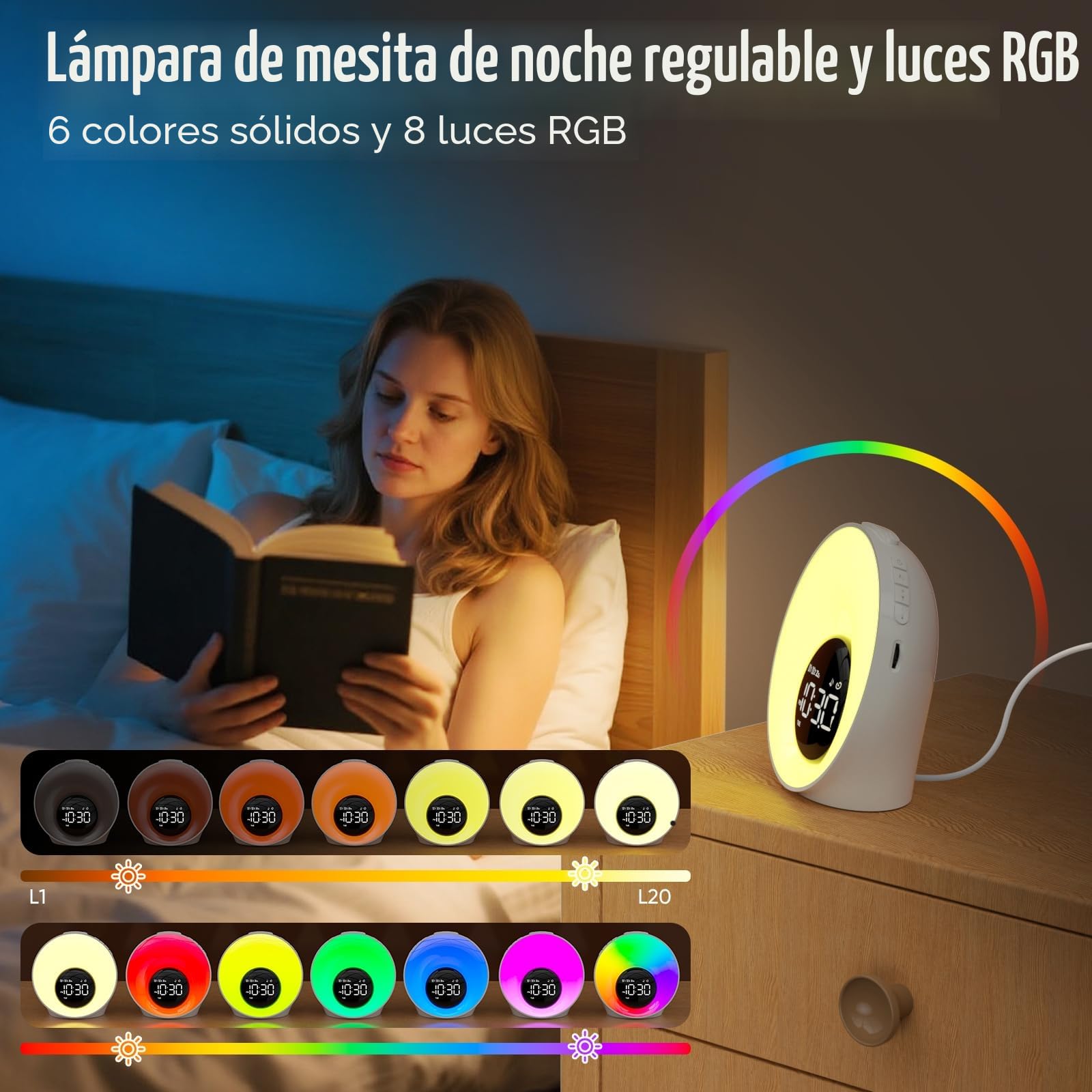 Despertador Luz Natural Simulación de Amanecer Wake Up Light 2 Alarmas 30 Sonidos 20 Brillo 14 Colores Snooze