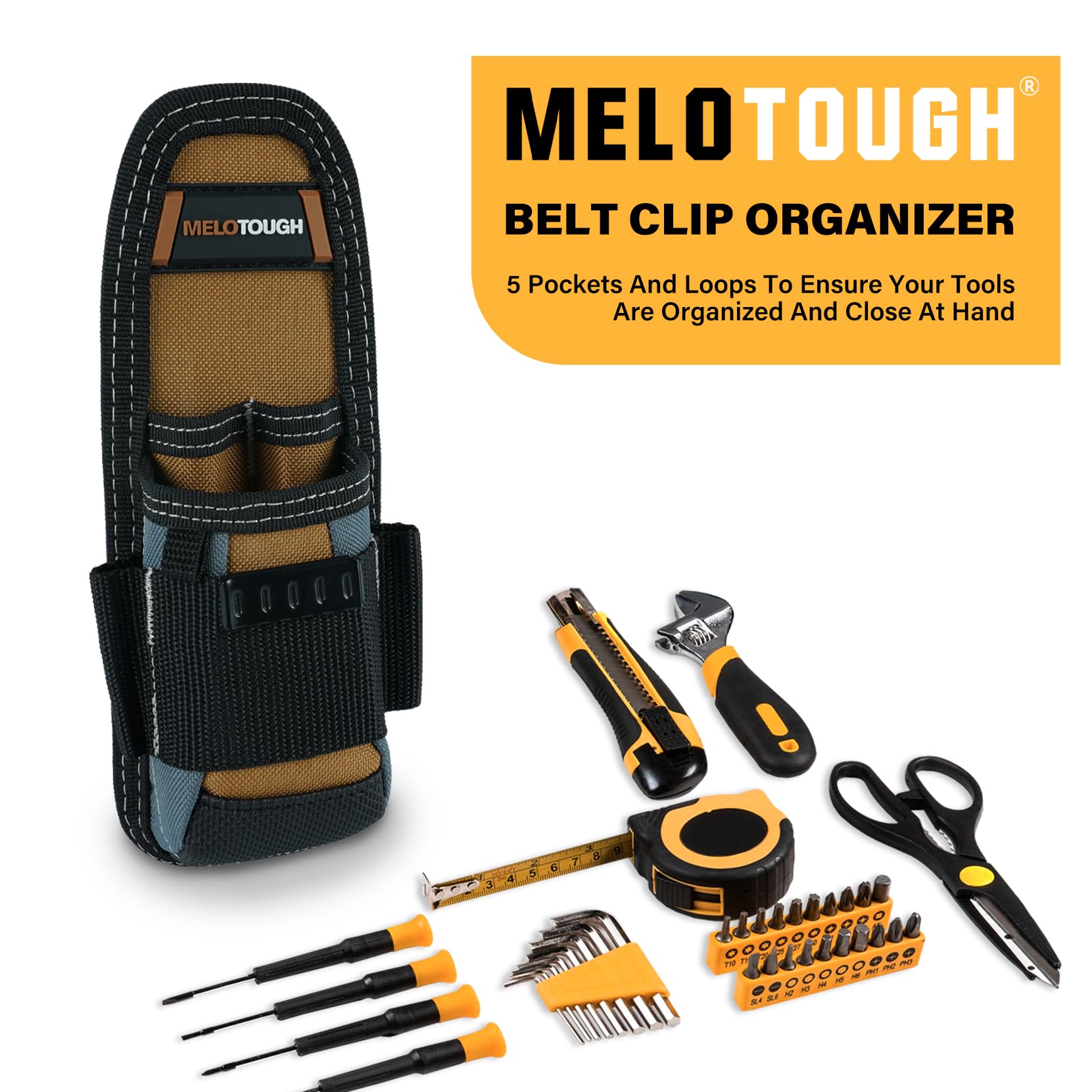 MELOTOUGH Heavy Duty Tradesman Pro - Custodia per attrezzi con tasche di varie dimensioni e perizoma con nastro elettrico, porta martelli e accessori per elettricisti