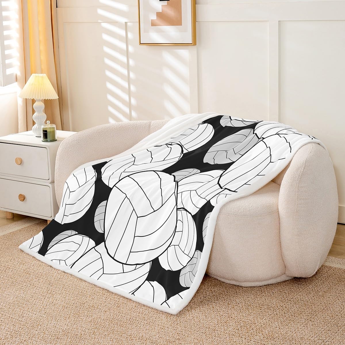 Volleyball Print Plush Blanket 3D Volleyball Games Fleece Throw Blanket Black White Ball Sherpa Blanket for Bed Sofa Couch Kids Microfiber Sports Theme Warm Fuzzy Blanket Room Decor Twin 60"x80"
