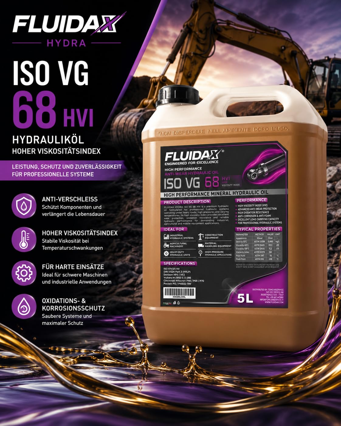 Hydrauliköl ISO VG 68 HVI 5L – Hoher Viskositätsindex – Verschleißschutz und Korrosionsschutz – Für Hydraulikanlagen, Baumaschinen, Landmaschinen und Industriemaschinen