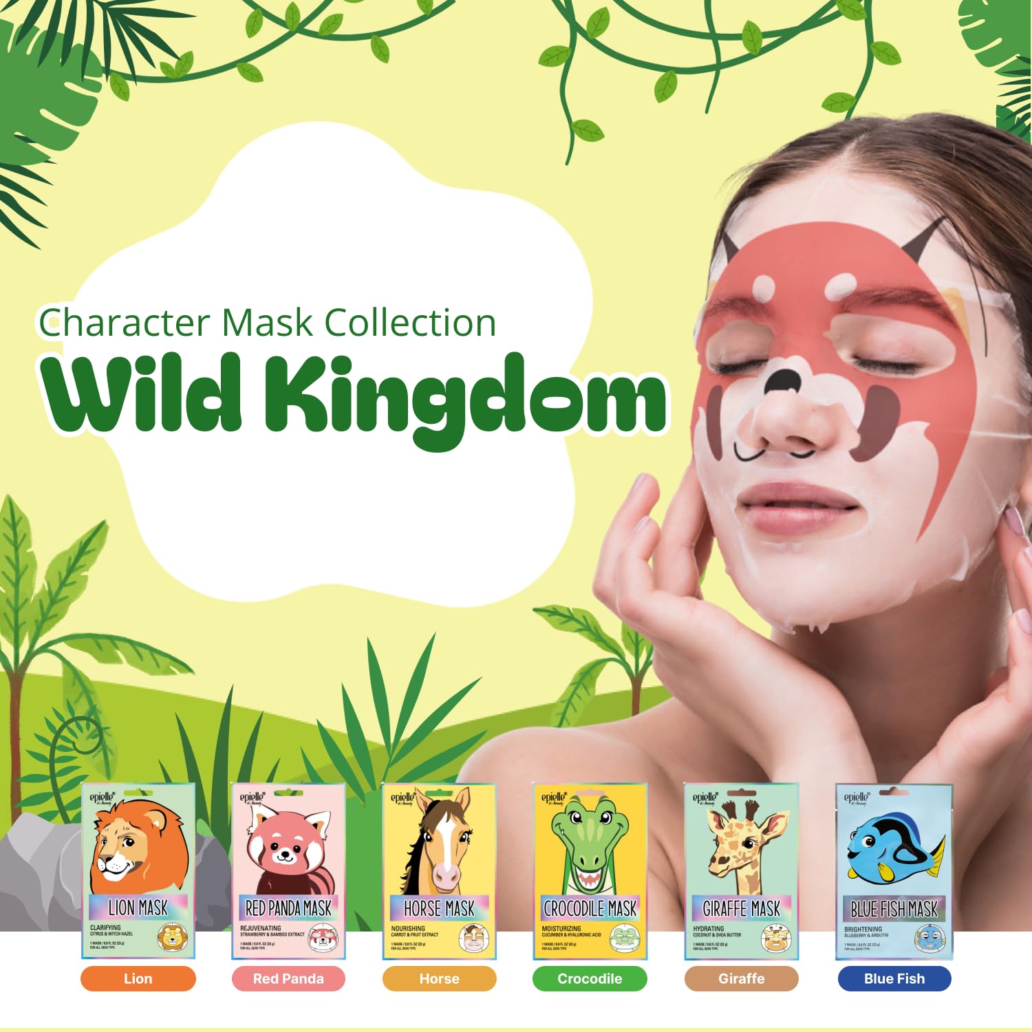 Epielle Character Face Mask Wild Kingdom 12 Pack, Fun & Effective Korean Skin Care, Spa Party Favors, Easter Basket Stuffers, Birthday Gifts for Women, Self Care Gifts