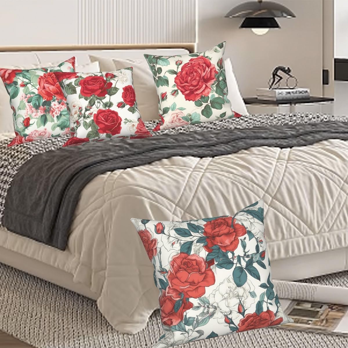 Red Rose Throw Pillow Cover 18''x18'' Set of 4, Spring Colorful Flowers Cushion Cover Rustic Blooming Floral Pillowcase for Couch Sofa Home Bedroom Farmhouse Livingroom Patio Car Outdoor