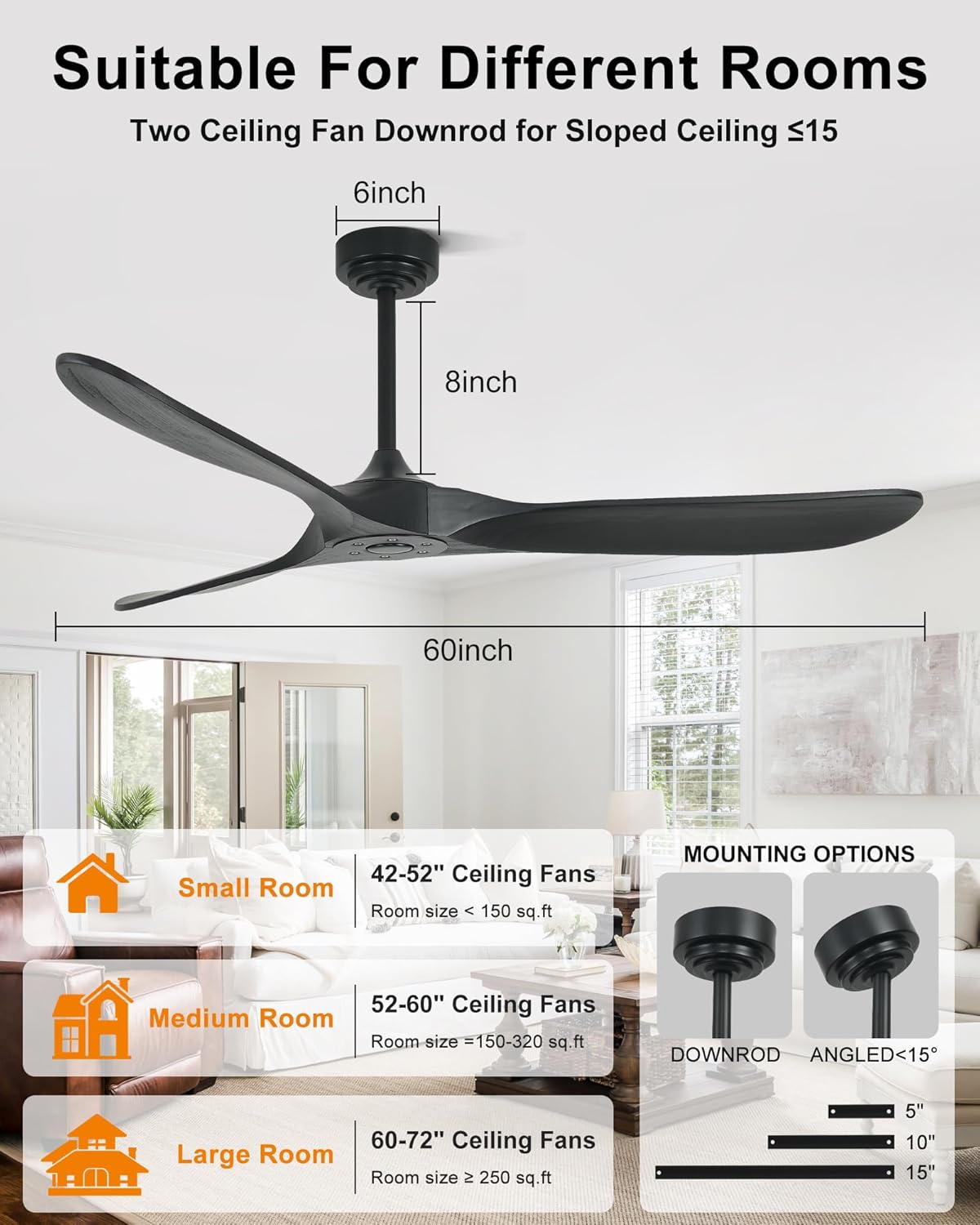 60" Wood Ceiling Fan no Light, Smart Ceiling Fans without Lights with Alexa Google App, Indoor Outdoor Ceiling Fan no Light for Bedroom Porch Modern Propeller 3 Blade High CFM Motor, Black