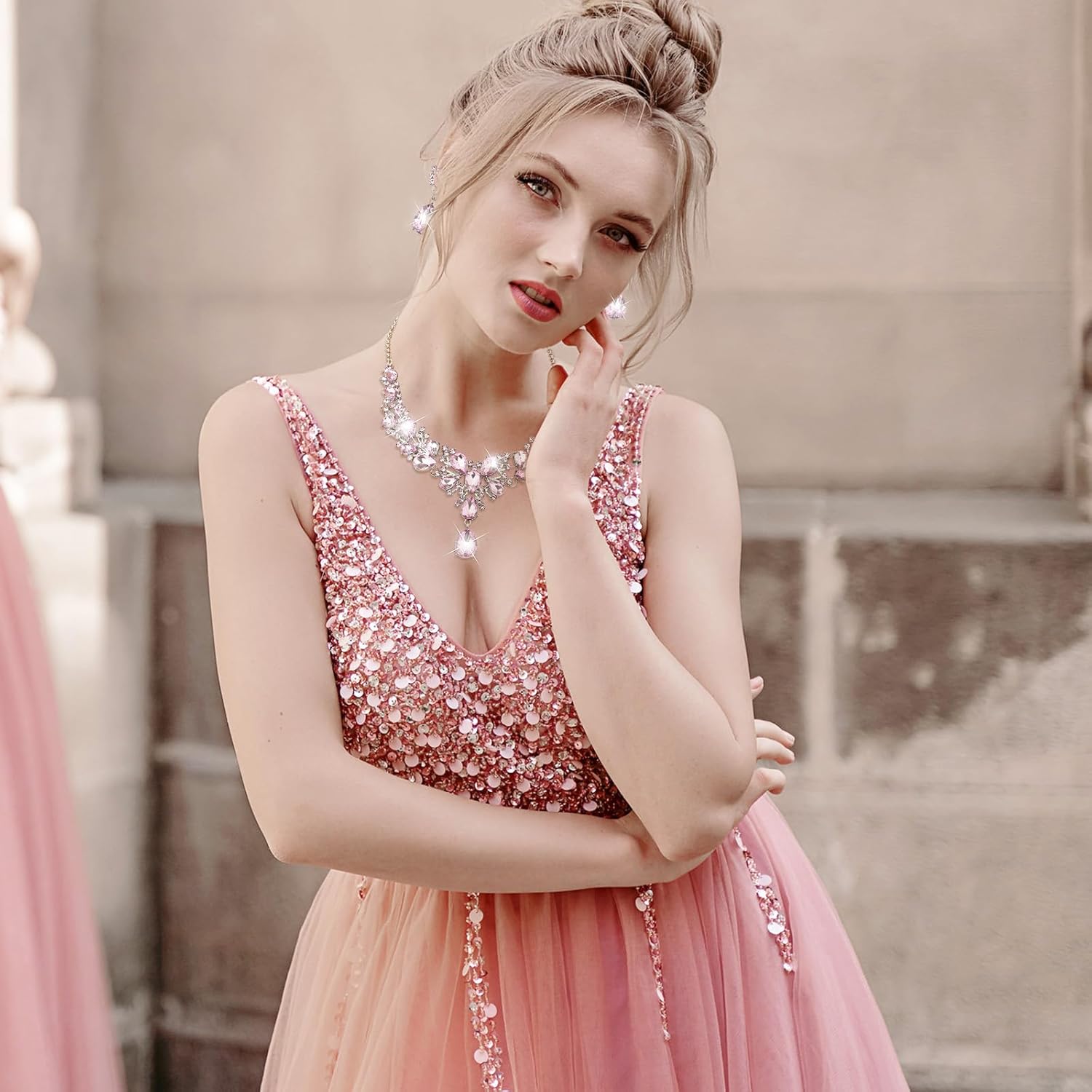 Hicarer Bridal Teardrop Cluster Crystal Jewelry Set for Women Necklace Earrings Wedding - Image 4