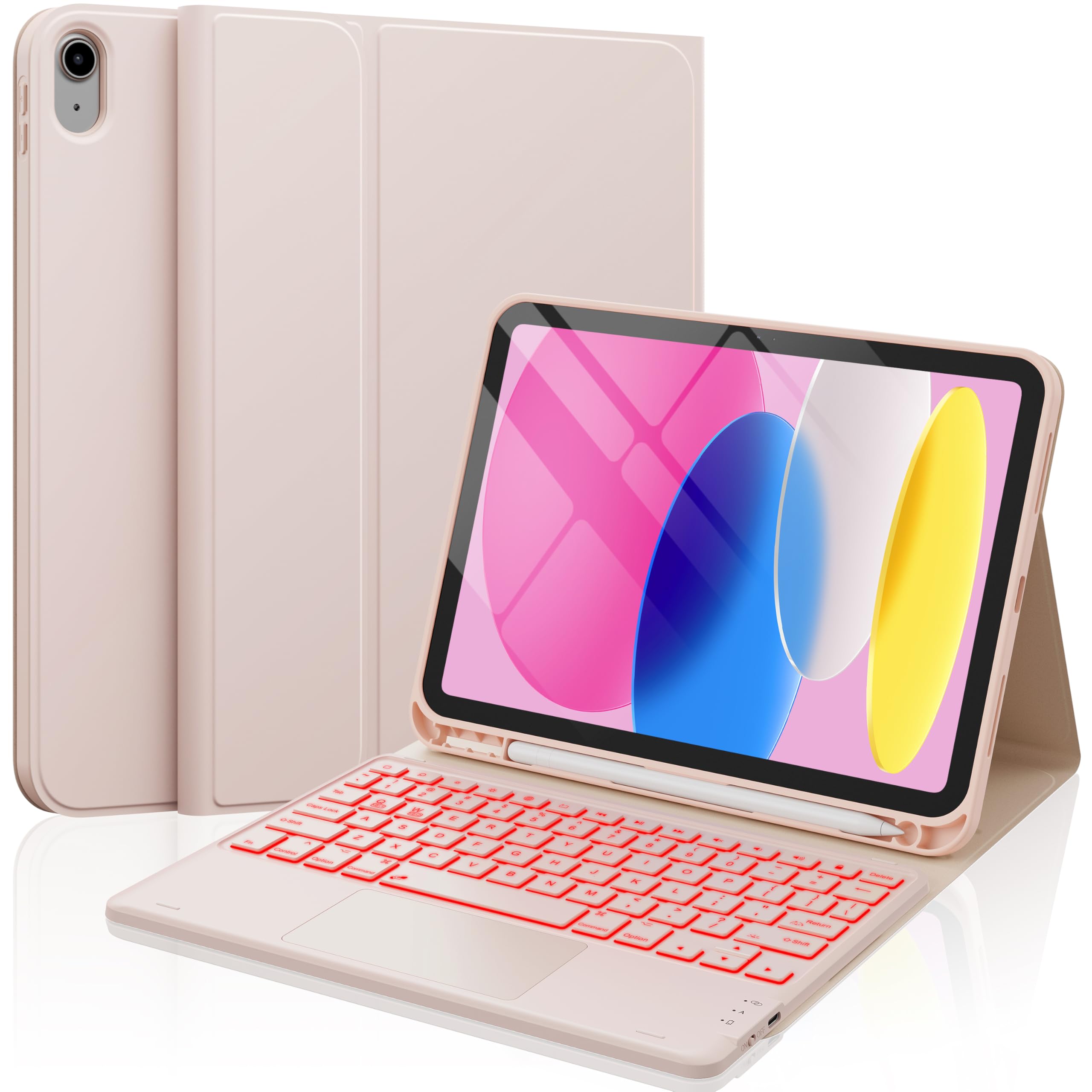 Photo 1 of CHESONA for iPad 10th Generation Case with Keyboard, 2 Wireless Channels for iPad (A16) 11th/10th Gen (2025/2022), Backlight, Flip Stand Case with Pencil Holder, Multi-Touch Trackpad, Pink