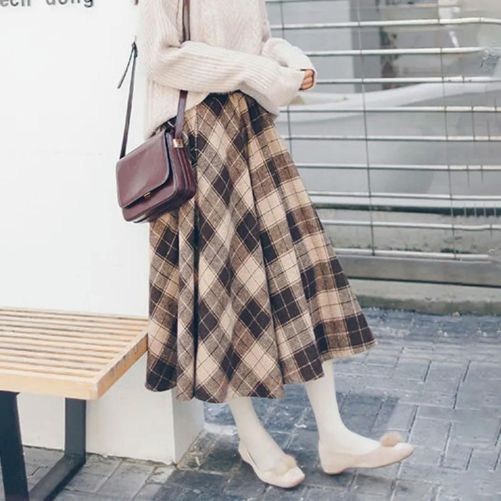 Mdybf Spódnice damskie w stylu vintage, spódnica w kratę, na jesień i zimę, wąska, średniej długości, duża spódnica do kolan, elegancka spódnica o linii A
