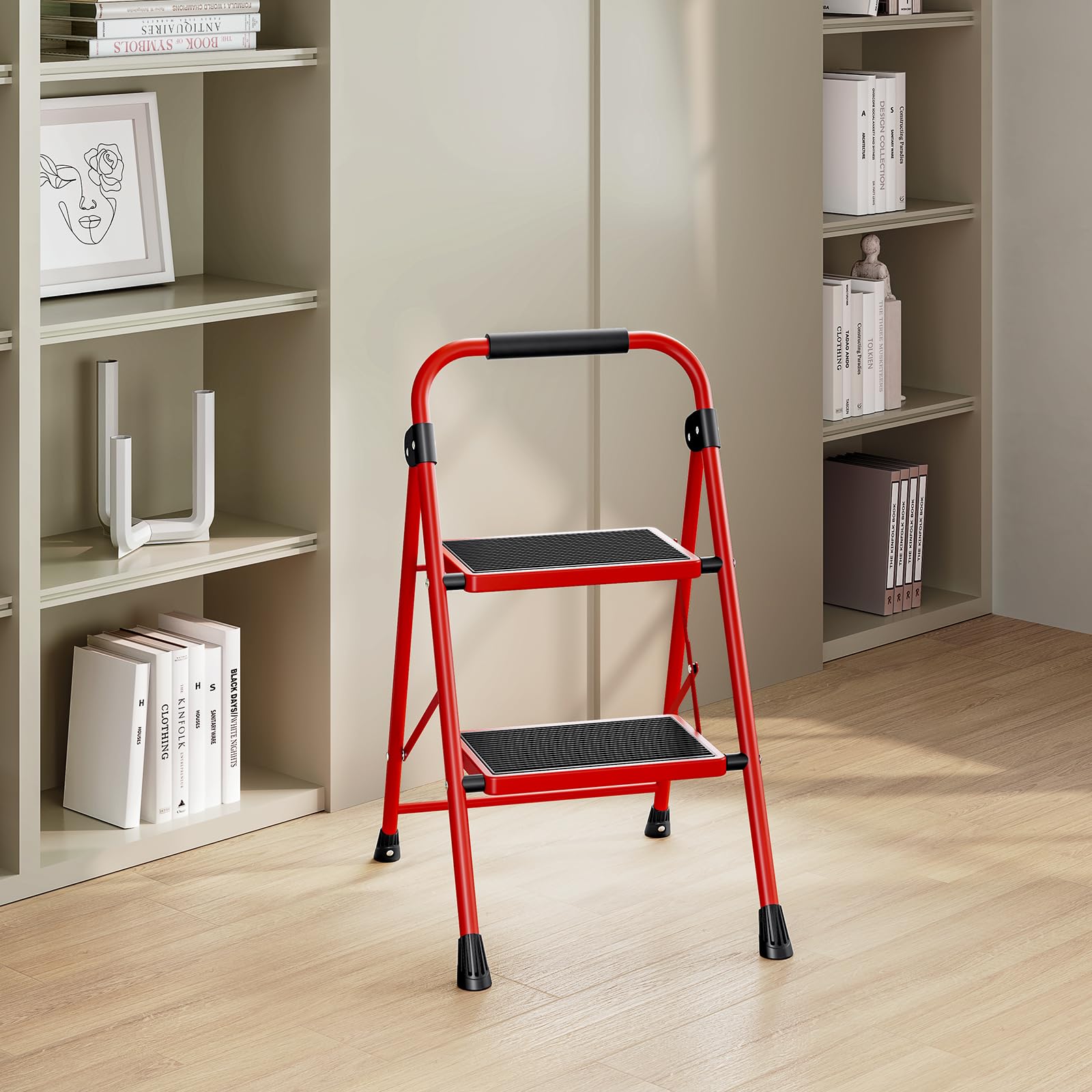 KINGRACK Scala a 2 gradini, scala pieghevole con pedale antiscivolo e largo, scala piccola con maniglia, in acciaio robusta, leggera e portatile, rossa