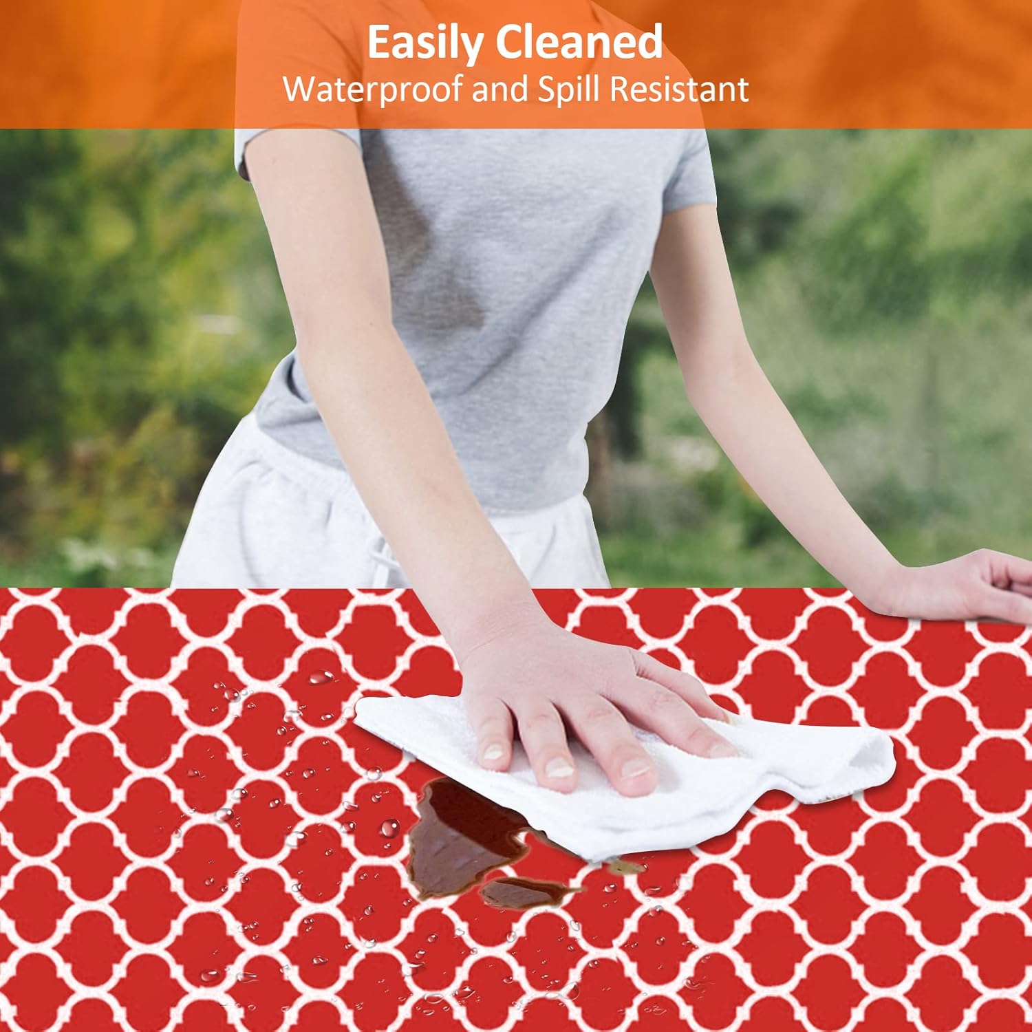 KENOBEE 8ft Picnic Table and Bench Fitted Cover, 96" Flannel Backing Elastic Edge Waterproof Wipeable Plastic Cover Fitted Vinyl Tablecloth for Home Goods Indoor Outdoor Patio, Red-White Moroccan