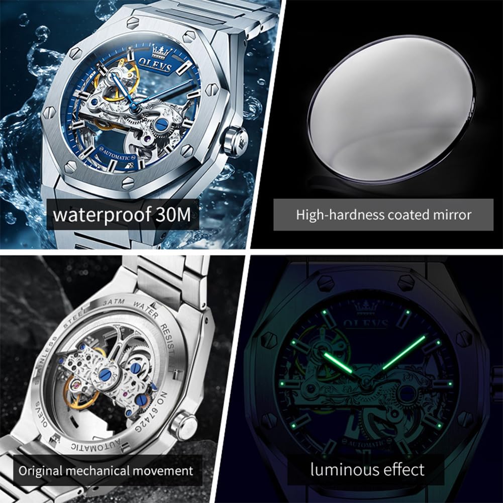 OLEVS Montre squelette automatique pour hommes montres mécaniques de luxe | Montre-bracelet à remontage automatique, sans pile, acier inoxydable, étanche 3TM, montre de sport, 42 mm