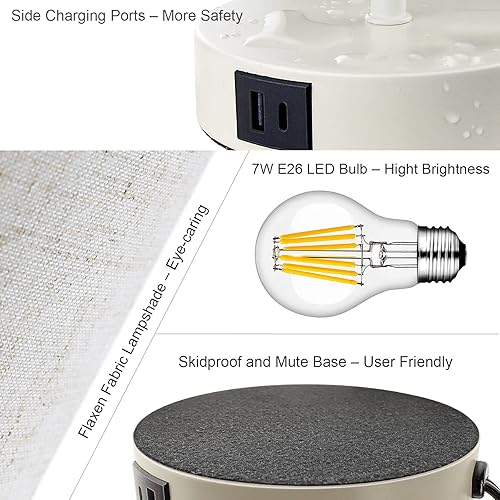 Miniatura 5 de Lámpara de mesa regulable de 3 vías de 15.75 pulgadas de alto, control táctil, pequeñas lámparas de noche con 2 puertos USB y salida de CA, luz de