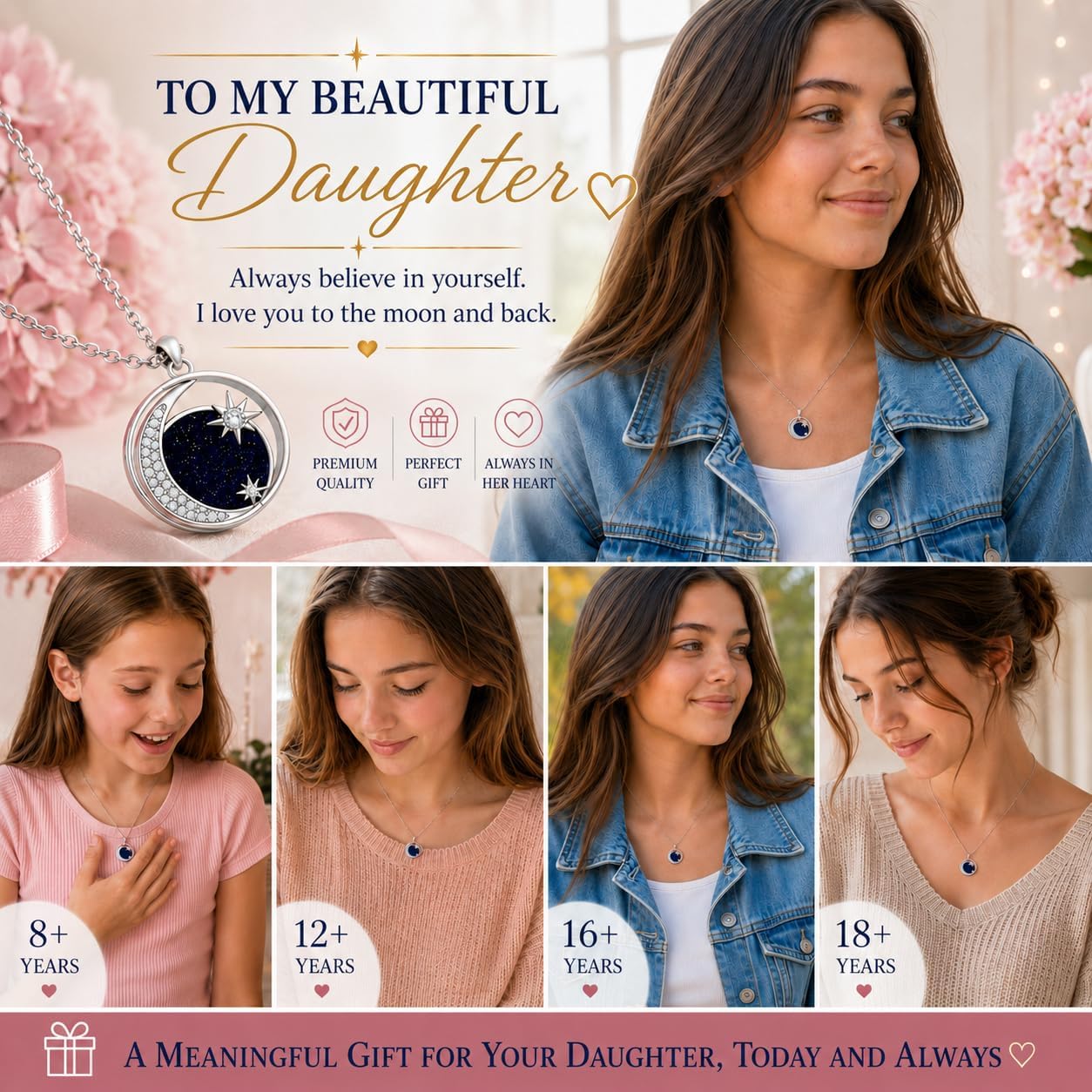 Daughter Necklace from Mom To My Daughter Moon Star Birthday Christmas Gift