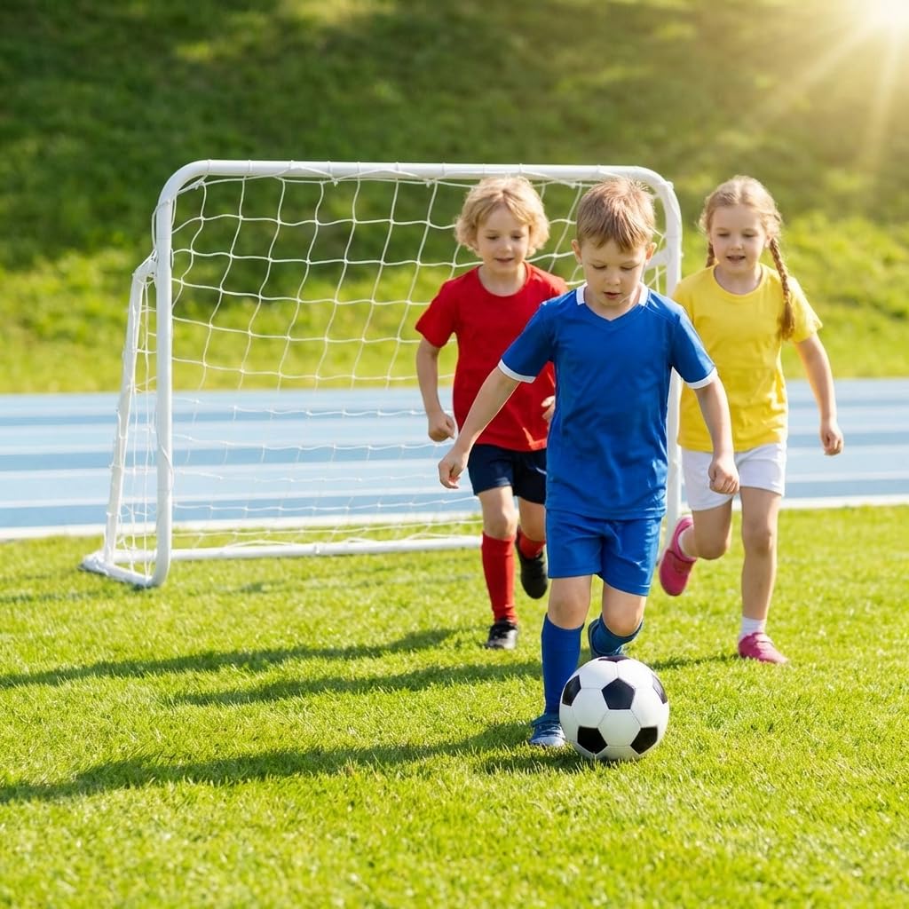 LIFEZEAL Porta da Calcio per Bambini, 121 × 60 × 80 cm, Porta da Calcio per Giardino in Metallo con Chiodi per Fissaggio al Terreno, Accessori per Allenamento e Regalo