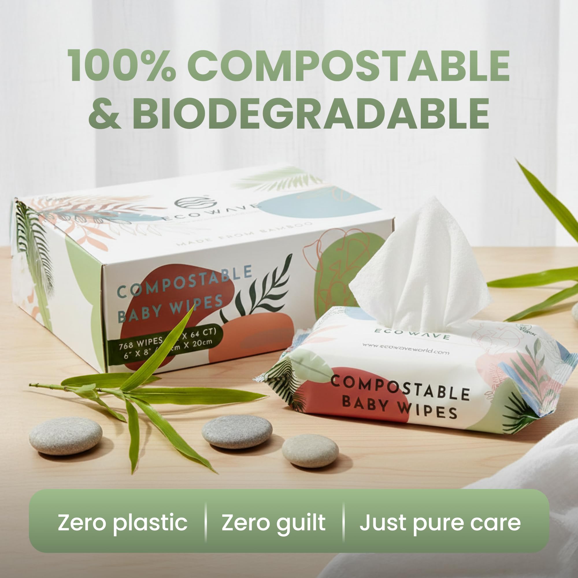 Eco Wave Chusteczki dla niemowląt, w 100% kompostowalne, przyjazne dla środowiska, bambusowe, bezzapachowe, hipoalergiczne, wegańskie, bez alkoholu, odpowiednie dla skóry wrażliwej (12 sztuk)