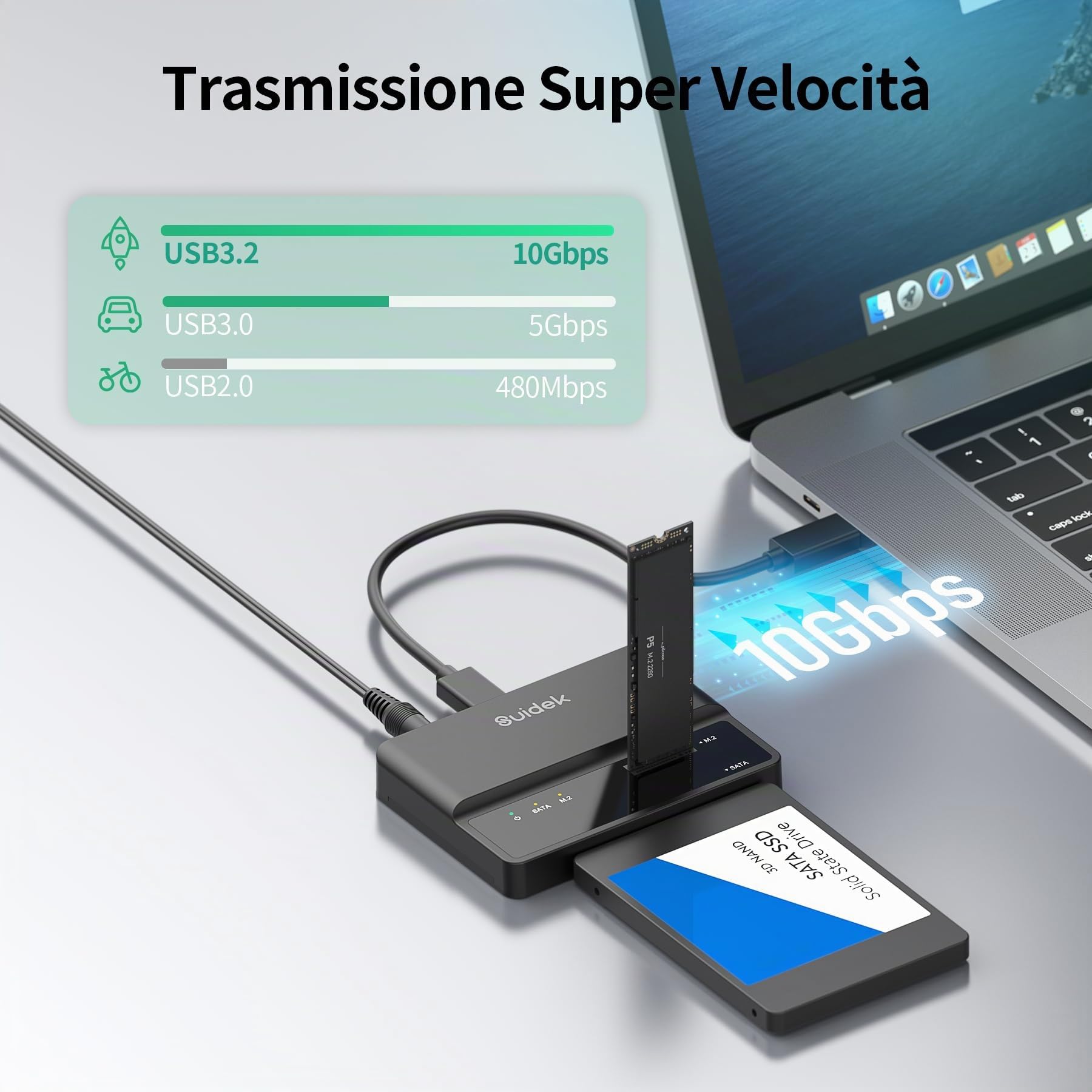 SUIDEK Custodia SSD NVMe, Adattatore USB a M.2 e SATA da 10 Gbps, Lettore Dischi Rigidi Esterni PCIe NVMe, Compatibile con M.2 (chiave M e chiave M+B) Qualsiasi Dimensione e SSD/HDD SATA da 2,5"/3,5"