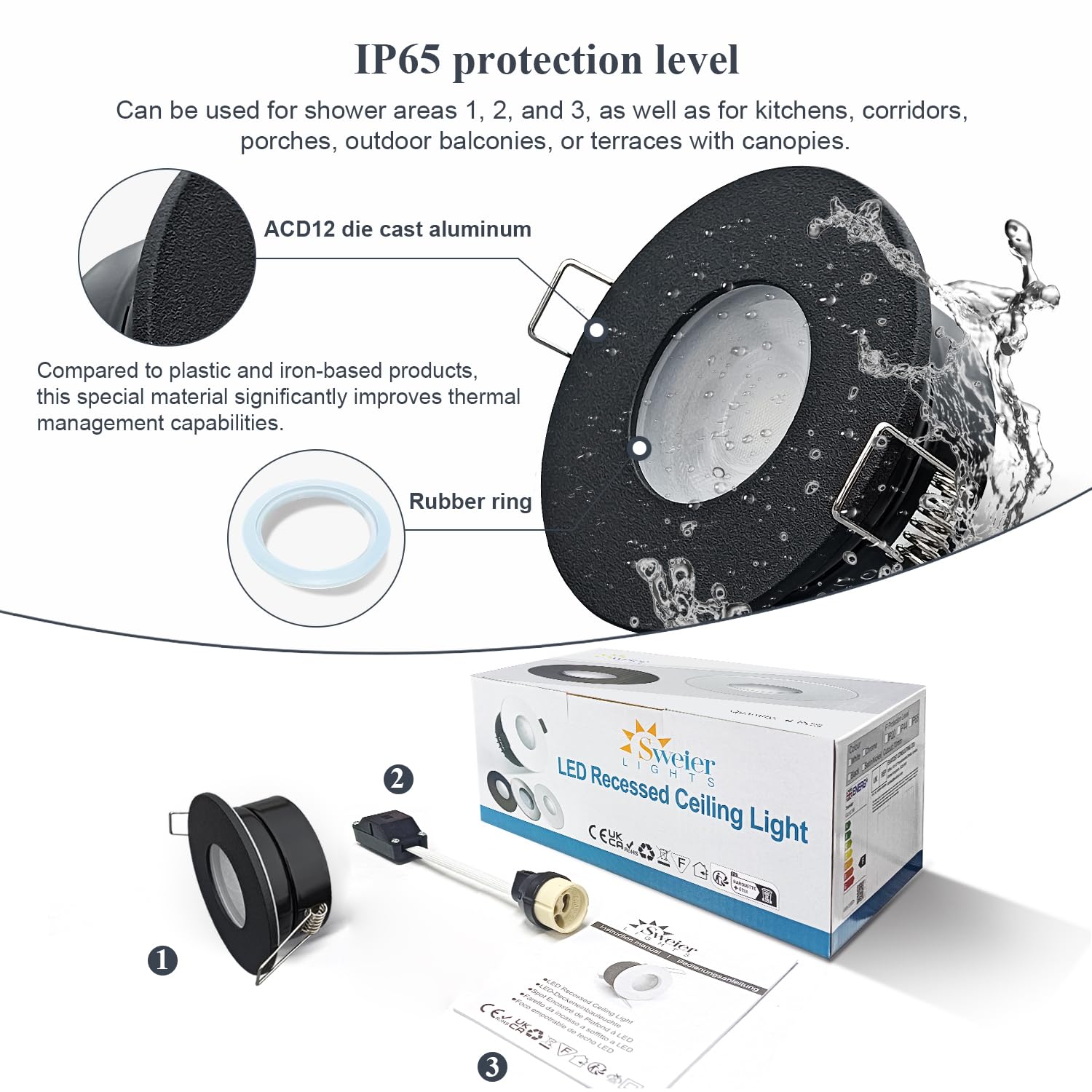 IP65 Einbaustrahler LED 5W, GU10 Deckenspots für Badezimmer Feuchtraum Wasserdichte, Einbauleuchten LED Spots 230v 68-75mm Lochmass(Ohne Lampe) 4er Set Schwarz