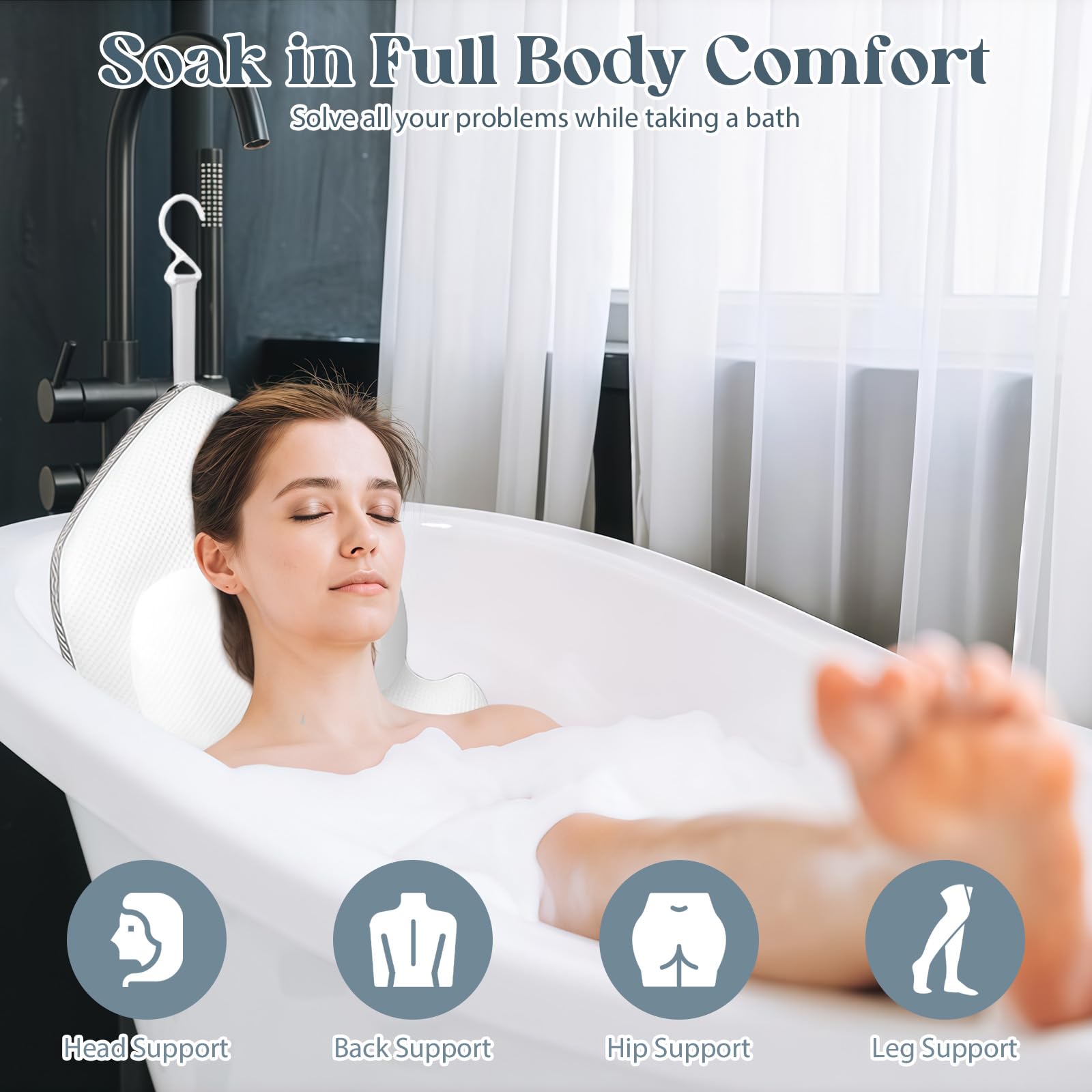 Cuscino per vasca da bagno intero con cuscino lombare, spessore 4D, con poggiatesta supporta collo, schiena e gambe, cuscino per vasca da bagno con ventose, gancio sospeso, sacco per la biancheria