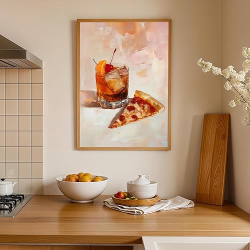 Miniatura 2 de Arte retro de pared de bar, decoración de pared de cocina funky de cóctel a la antigua moda con rebanada de pizza, póster divertido en lienzo