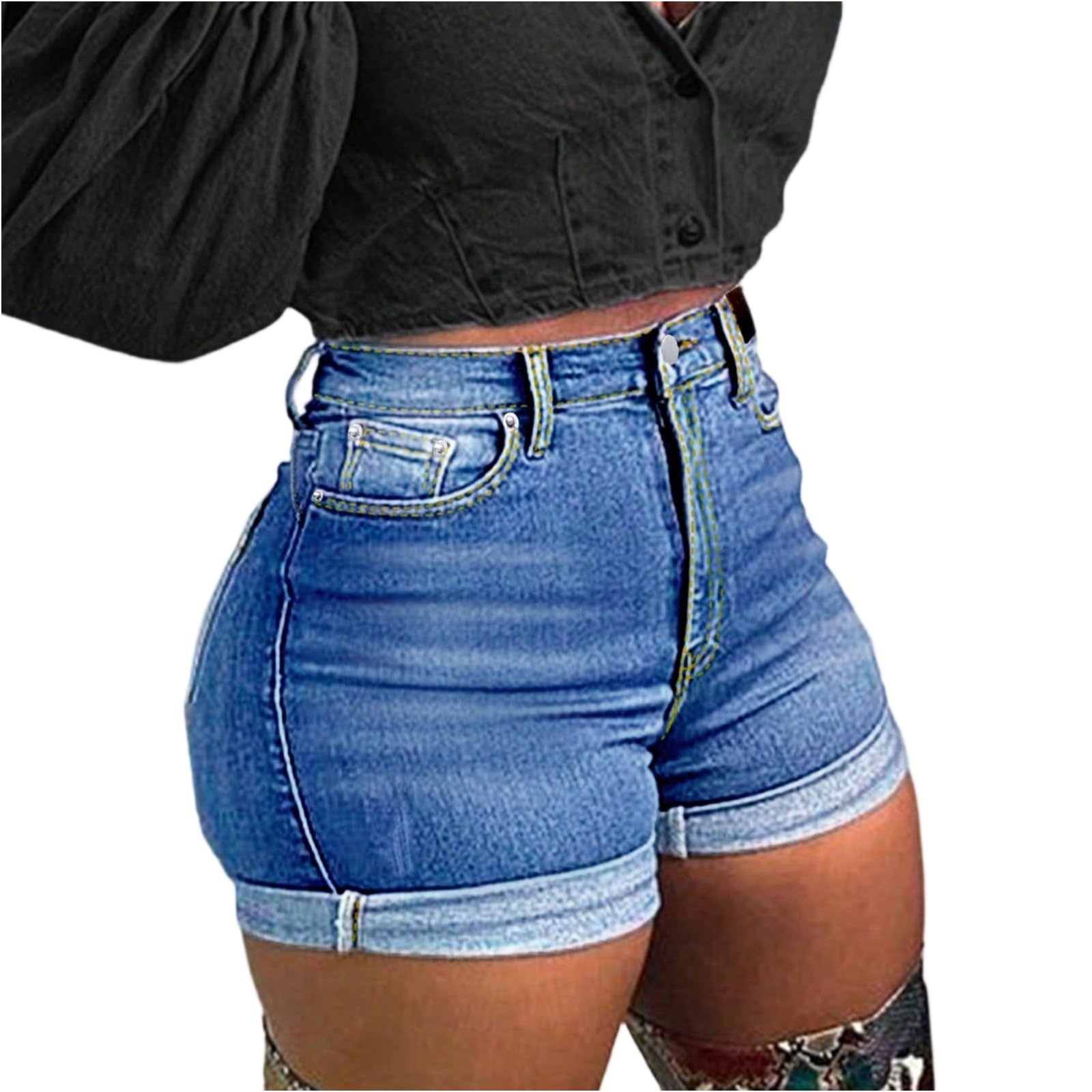 tobchonp Stretchy Jean Shorts for Women High Waisted Butt Lifting Denim Shorts Tummy Control Booty Roll Up Hem Summer Jorts with Pockets Stretch Denim Short for Curvy Women Casual Black Mom Jorts