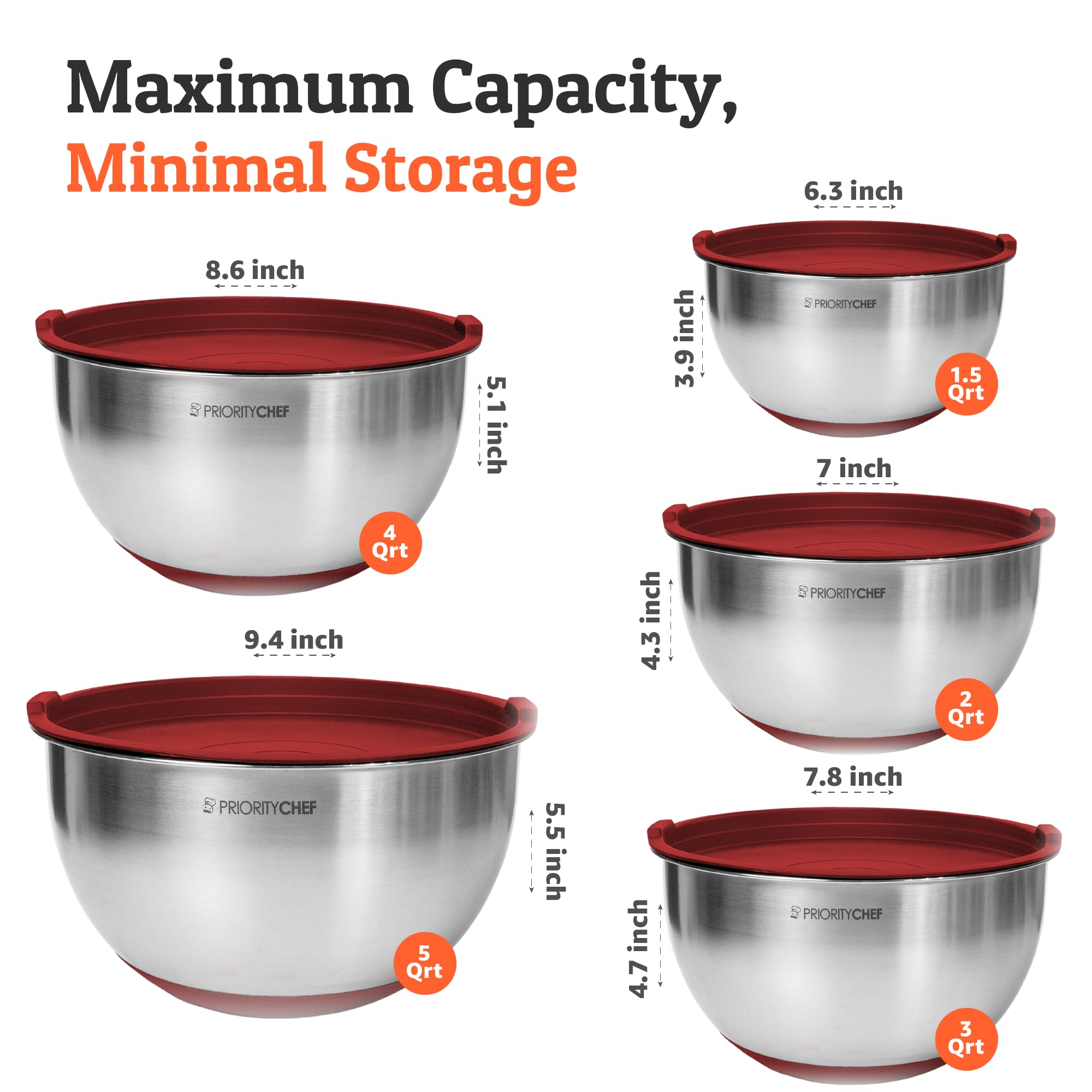 Priority Chef Set di ciotole di alta qualità con coperchi ermetici, set di ciotole in acciaio inossidabile più spesse, grandi ciotole in metallo con coperchi, ciotole per nidificazione per cucina,