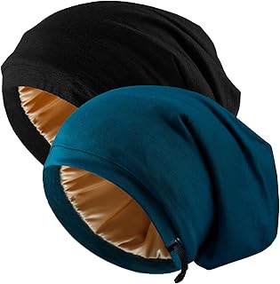 2 Pcs Adjustable Silk Hair Bonnet for Sleeping, Satin Lined Sleep Cap for Women