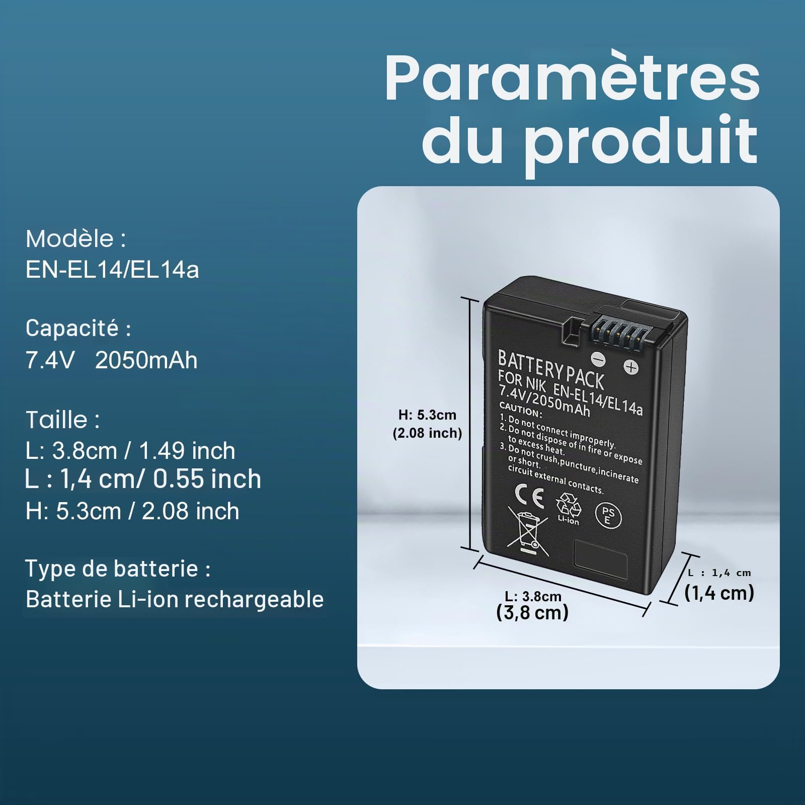 Batterie lithium-ion EN-EL14/EN-EL14a, 7,4 V 2050 mAh, compatible avec appareil photo numérique Nikon D3100 D3200 D3300 D3400 D5600 D5100 D5200 P7000 P7800