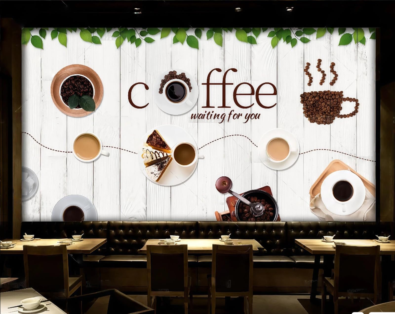 rskjdghshd Wallpaper Retro Wood Grain Letters Coffee Theme Dessert Shop Mall Western Restaurant Background Wall Mural Afternoon Tea Coffee Shop Wallpaper,3D,300x210cm