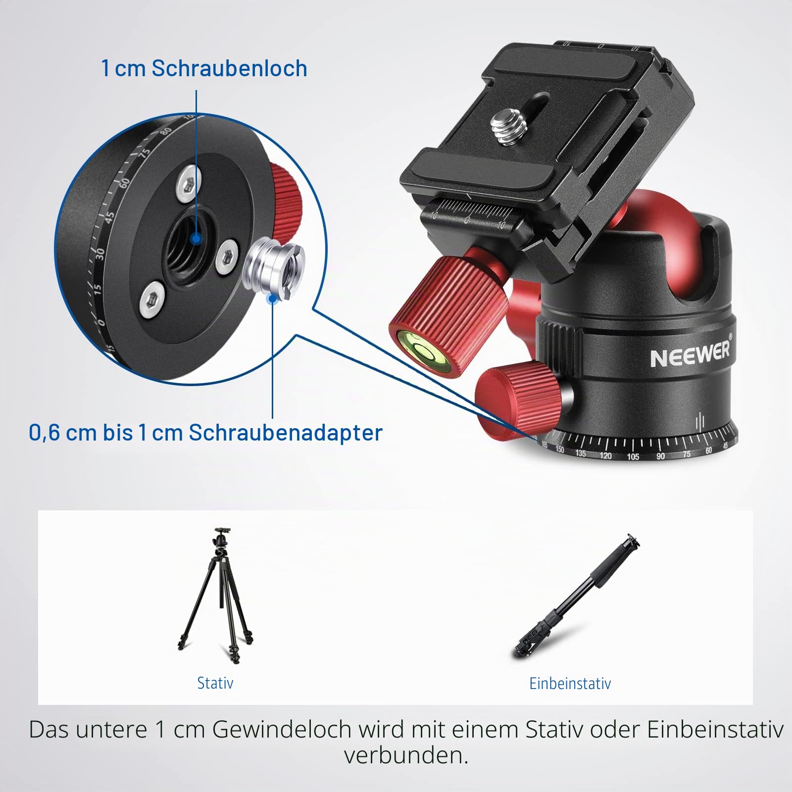 NEEWER Stativkopf, 360° drehbarer Panorama Kugelkopf mit 1/4 Zoll Schnellwechselplatte für Stativ, Einbeinstativ, Slider, DSLR Kamera, Camcorder, maximale Belastung bis zu 5kg- GM28