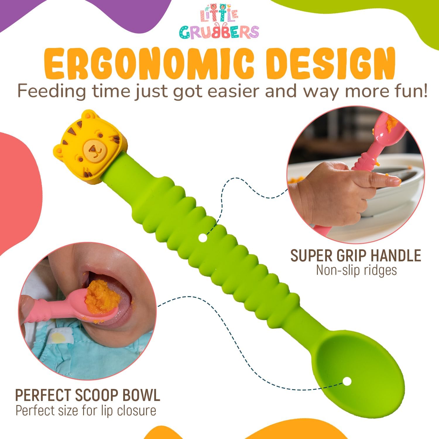 3-in-1 Silicone Baby Spoon Self Feeding 6+ Months - Pediatric OT Designed Teether Spoon, BPA Free Infant Toddler Utensils, Mess-Free, Fun for Baby Led Weaning Supplies - 4 Pack