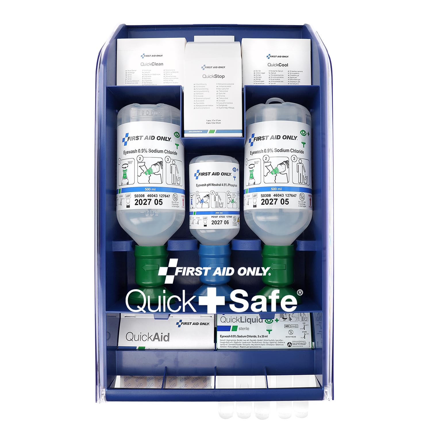 First Aid Only QuickSafe P-44027 00 - Estación de primeros auxilios para lesiones oculares, heridas, quemaduras y cortes, higiénico, a prueba de polvo, fácil de llenar