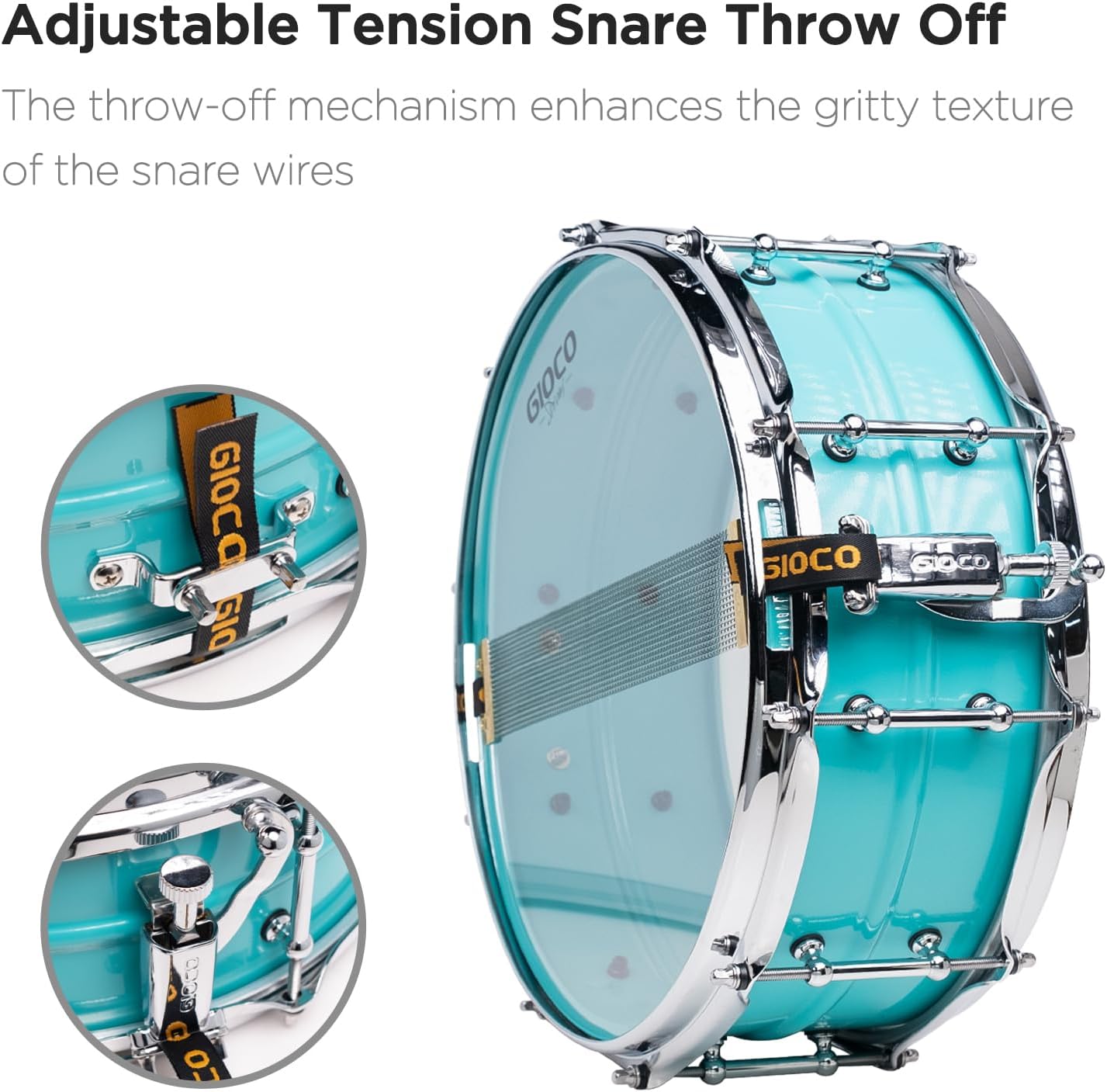 GIOCO Snare Drum 14" x 5.5", Marching Snare Drum with Jellyfish Green Matte Powder-Coated, Snare Throw Off, Vintage Bronze Columns & Carbon Steel Snare Wires, Steel Drum Shell for Drummer, Adult